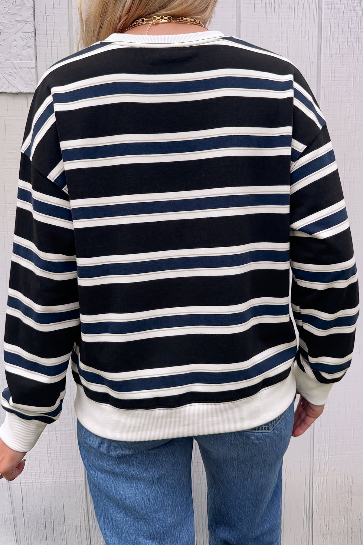 Blue Stripe Ribbed Trim Drop Shoulder Sweatshirt