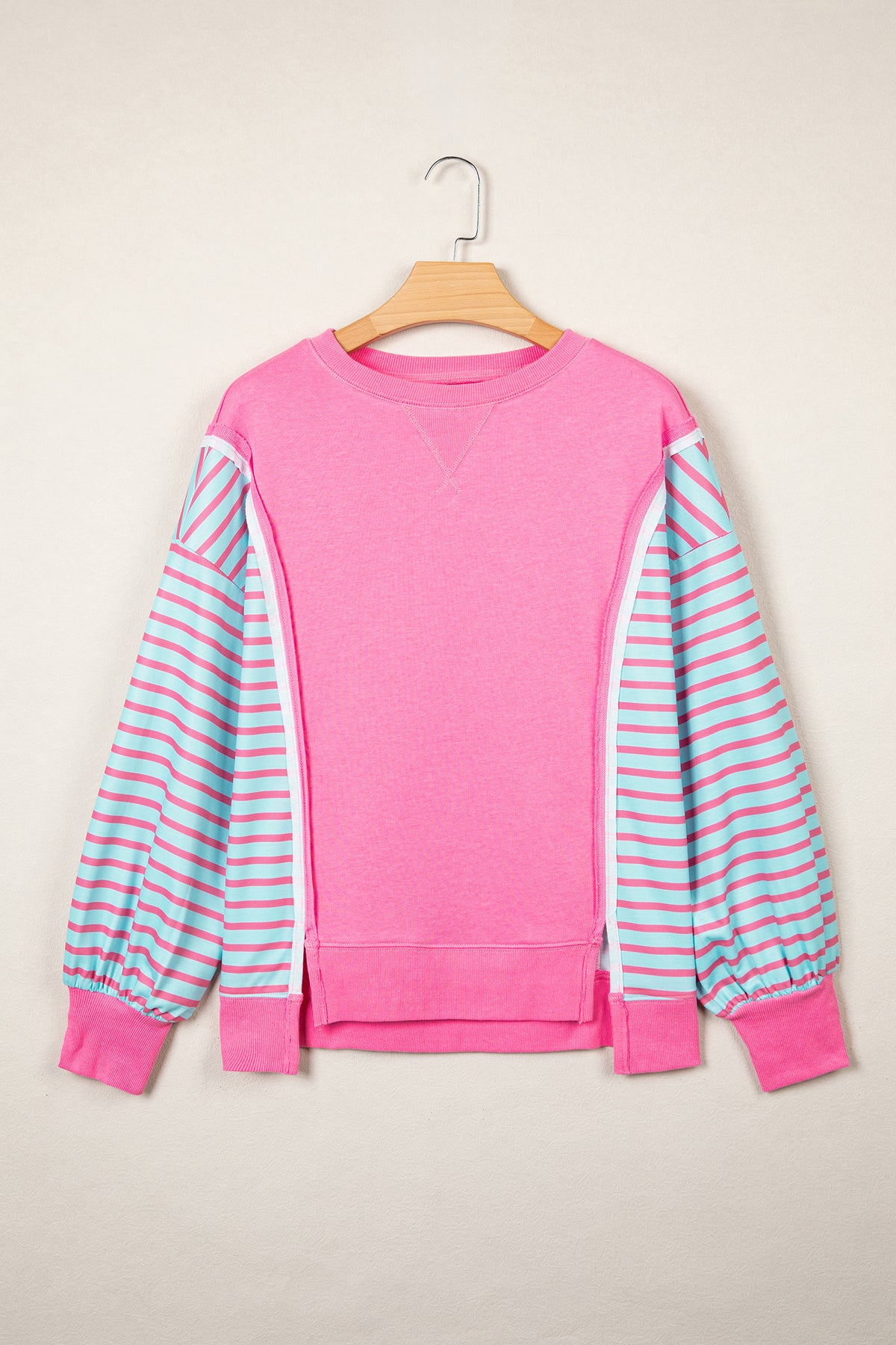 Rose Stripe Color Block Patchwork Split Top
