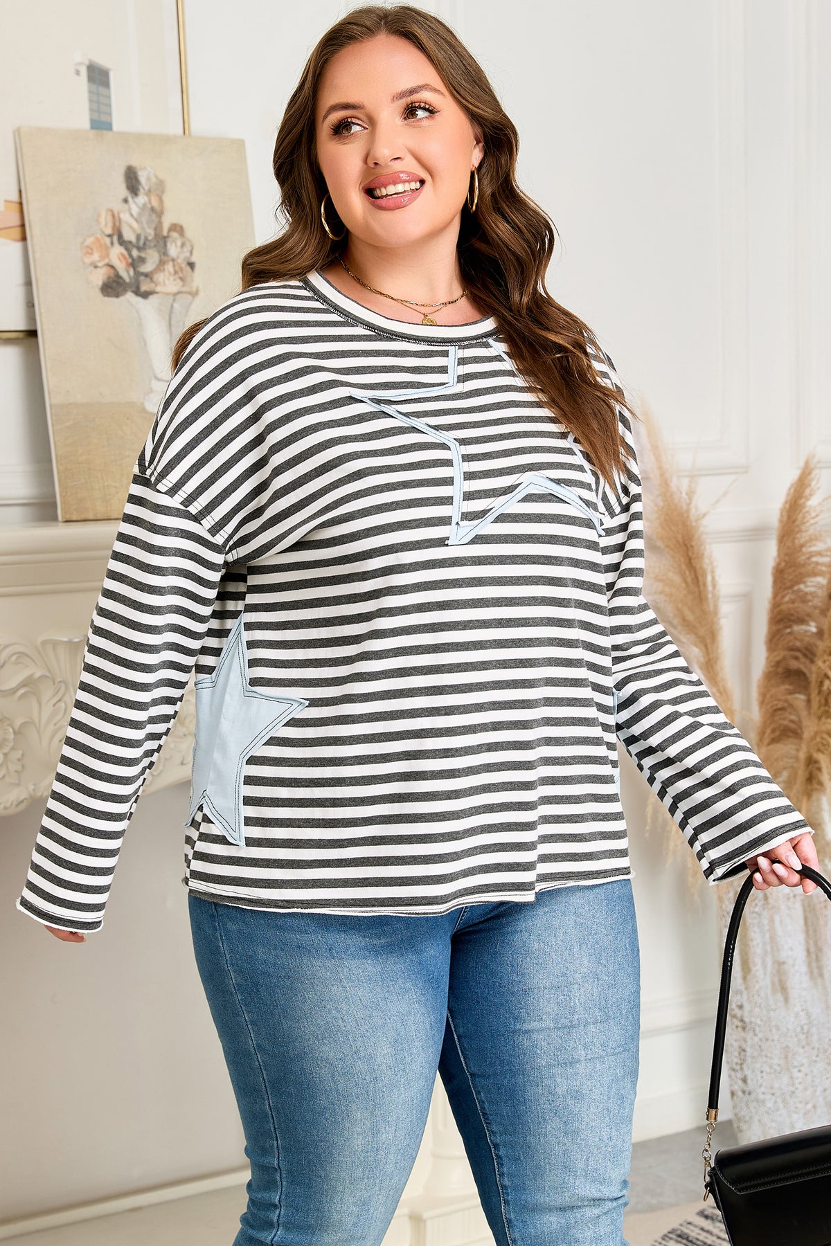 Gray Stripe Contrast Star Stitched Plus Size Long-Sleeve Top