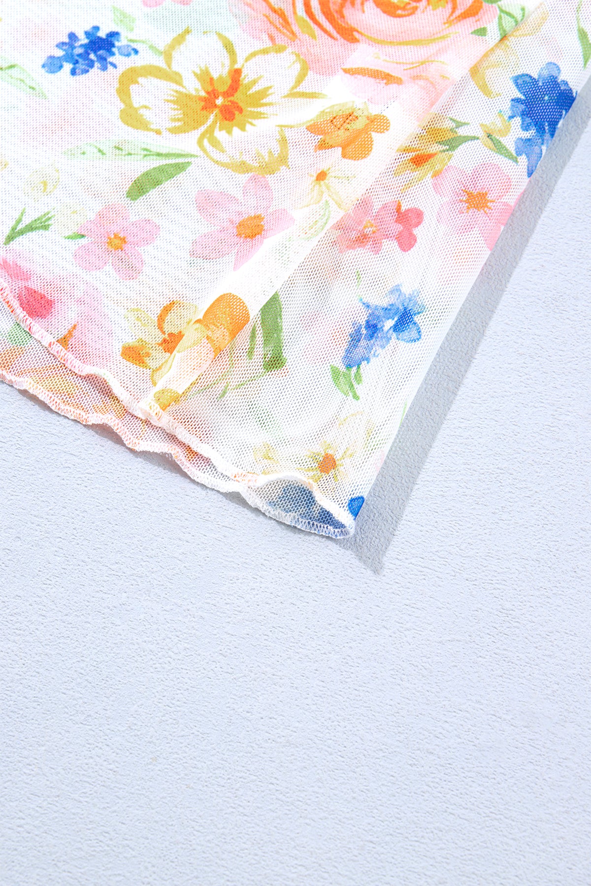 White Lettuce Trim Floral Print Sheer Mesh Top