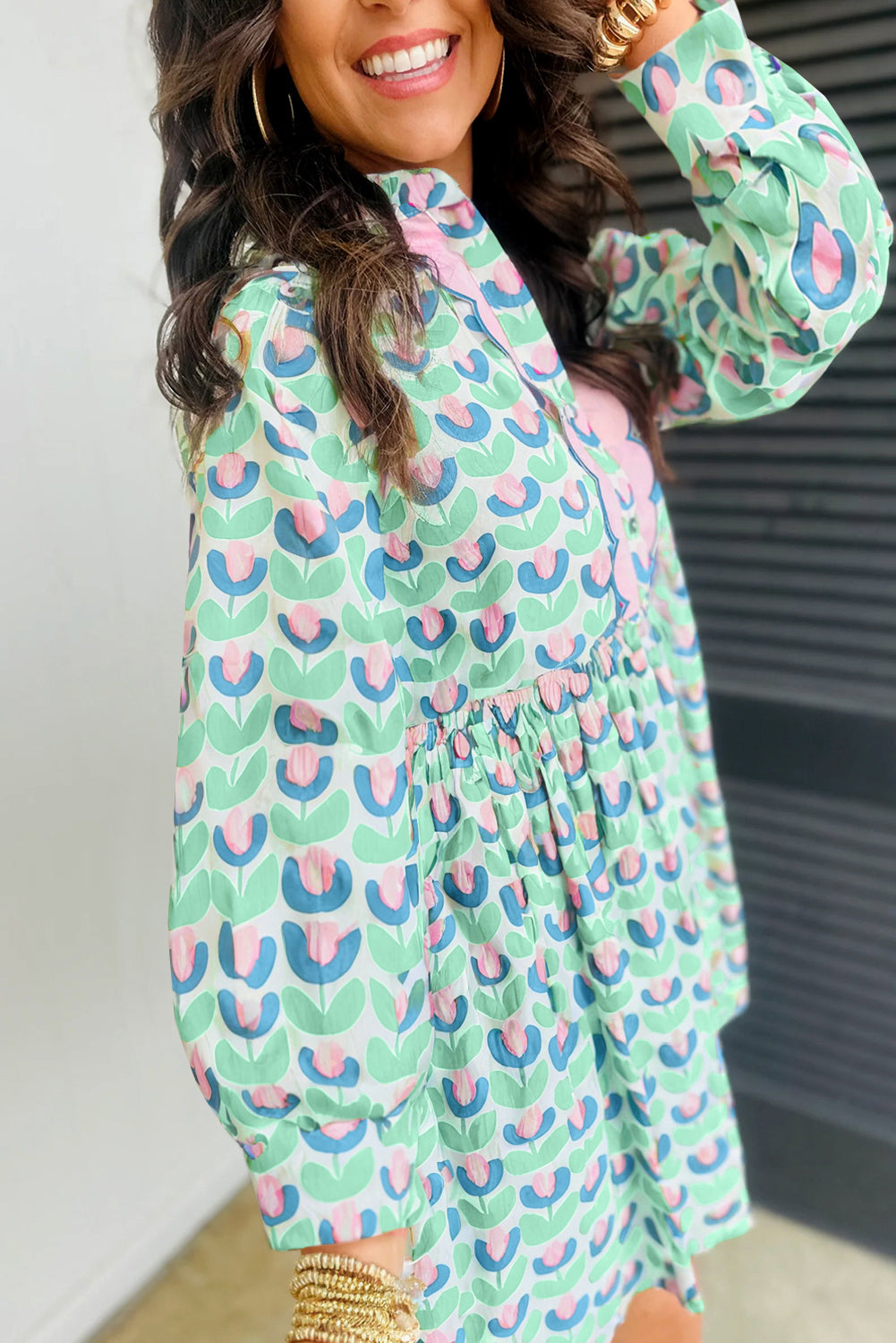 Green Floral Print Notched Neck Scalloped Long Sleeve Mini Dress