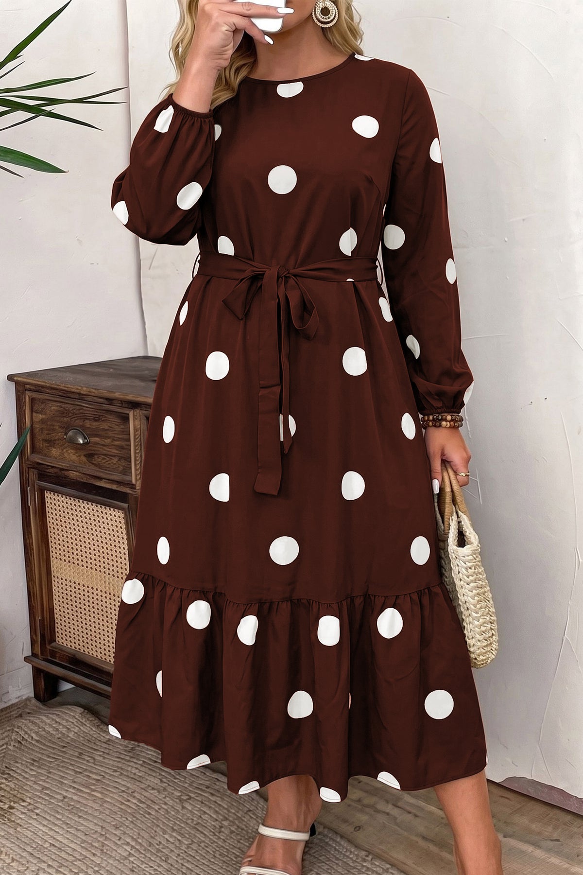Brown Polka Dot Ruffled Hem Long-Sleeve Tie-Waist Plus Size Dress