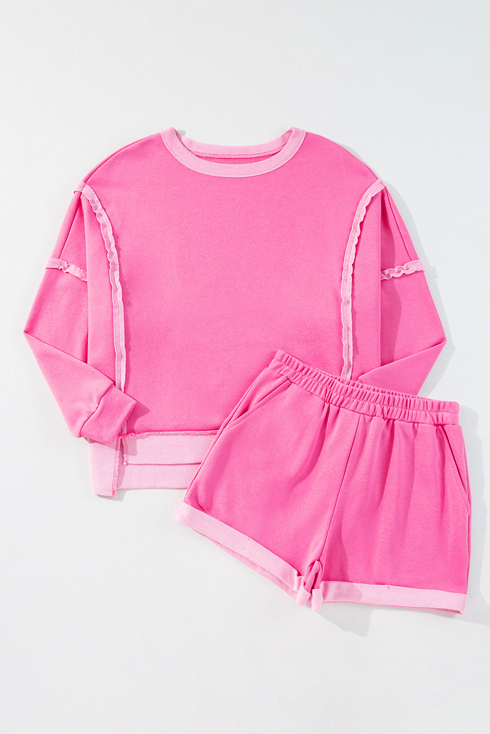 Women's Sachet Pink High Low Patchwork Long-Sleeve Top & Shorts Set