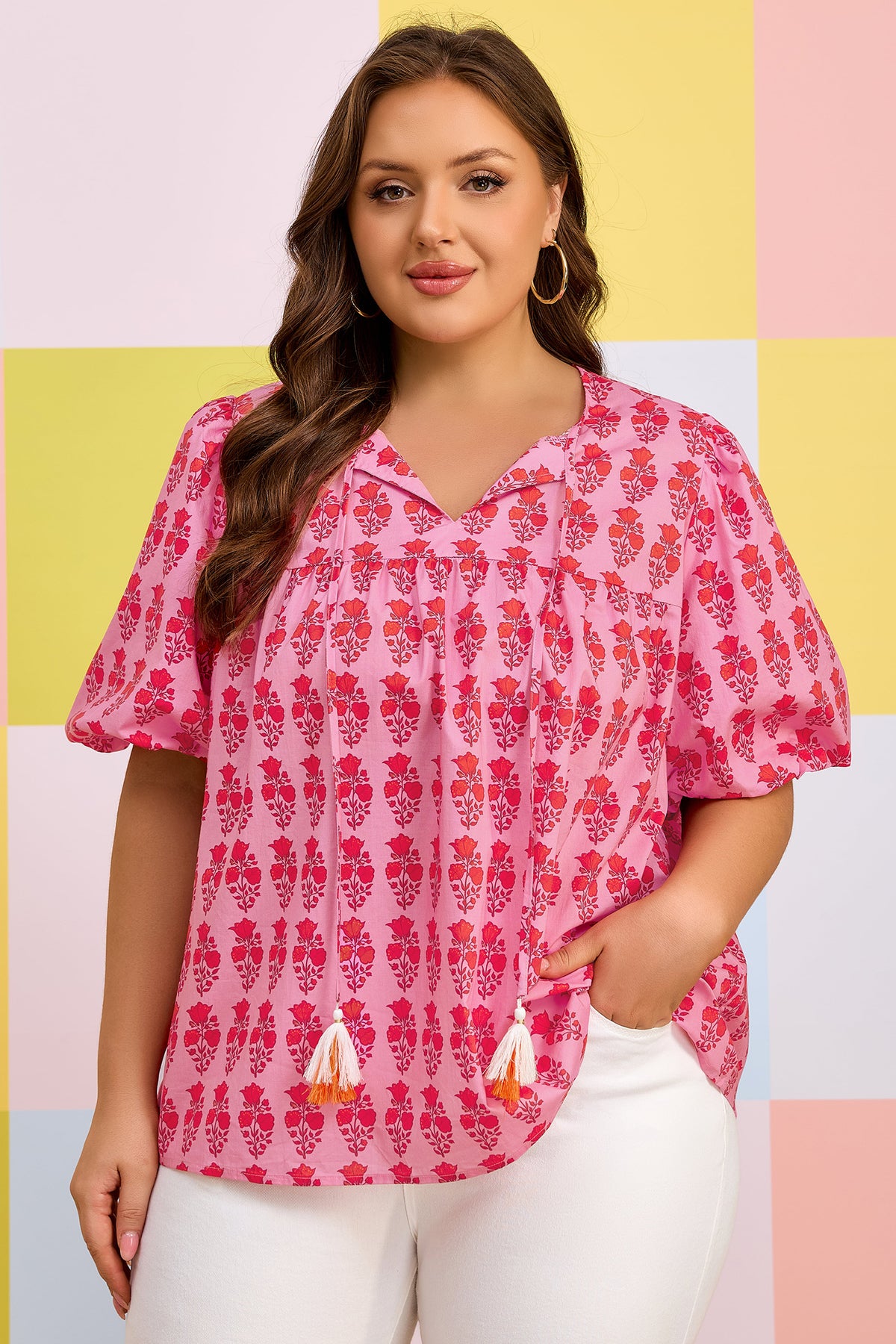 Pink Plus Size Floral Print Tassel Tie Puff-Sleeve Cotton Blouse