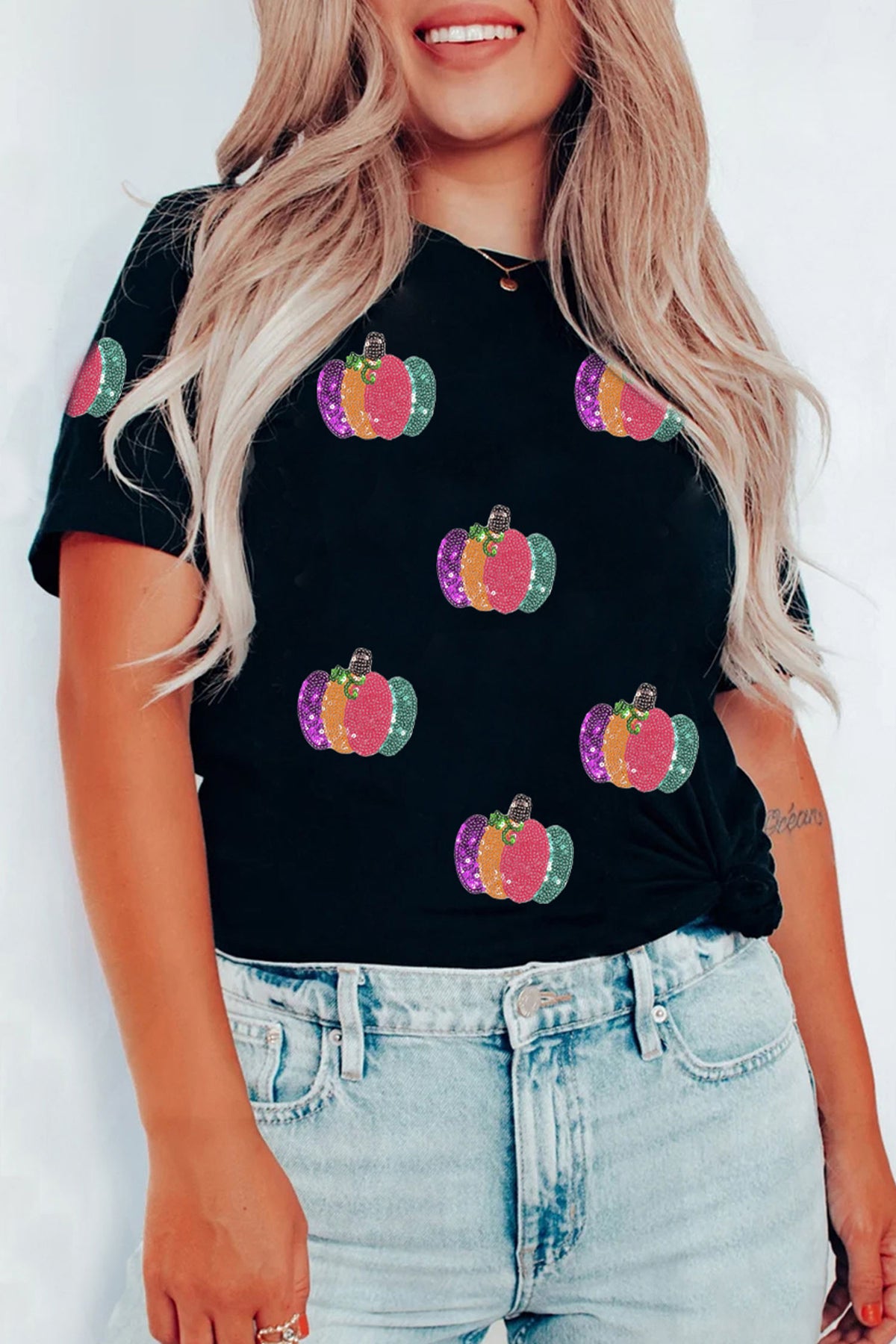 Black Sequined Pumpkin Graphic Round Neck Casual T-Shirt