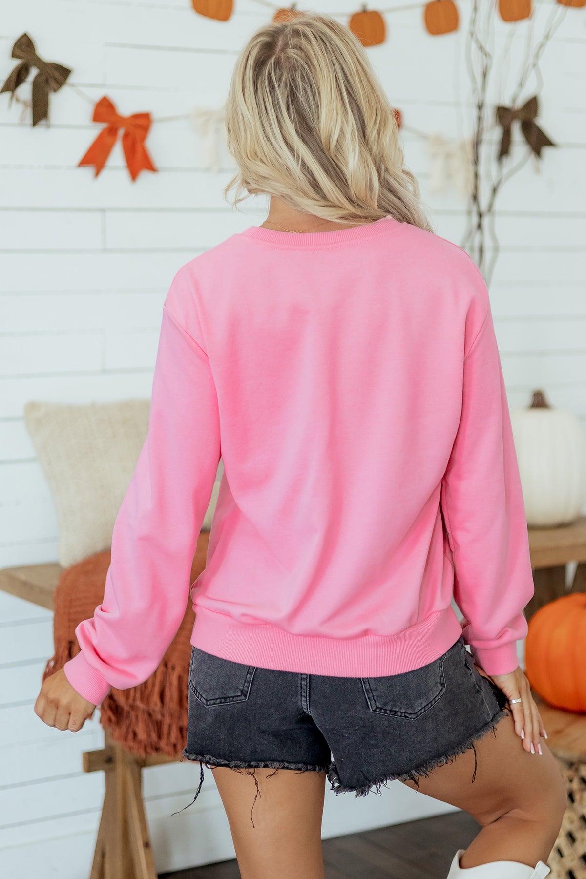 Pink Embroidered Pumpkin Face Round Neck Sweatshirt