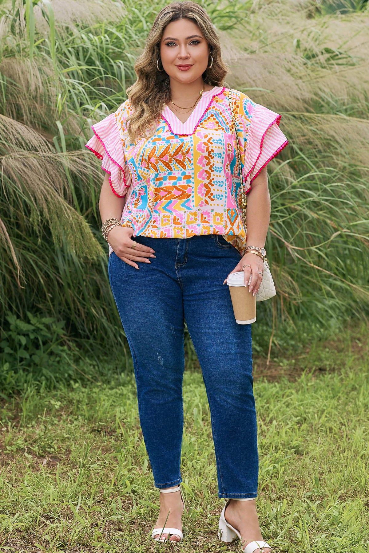 Rose Plus Size Geometric Print Contrast Trim Striped V-Neck Blouse