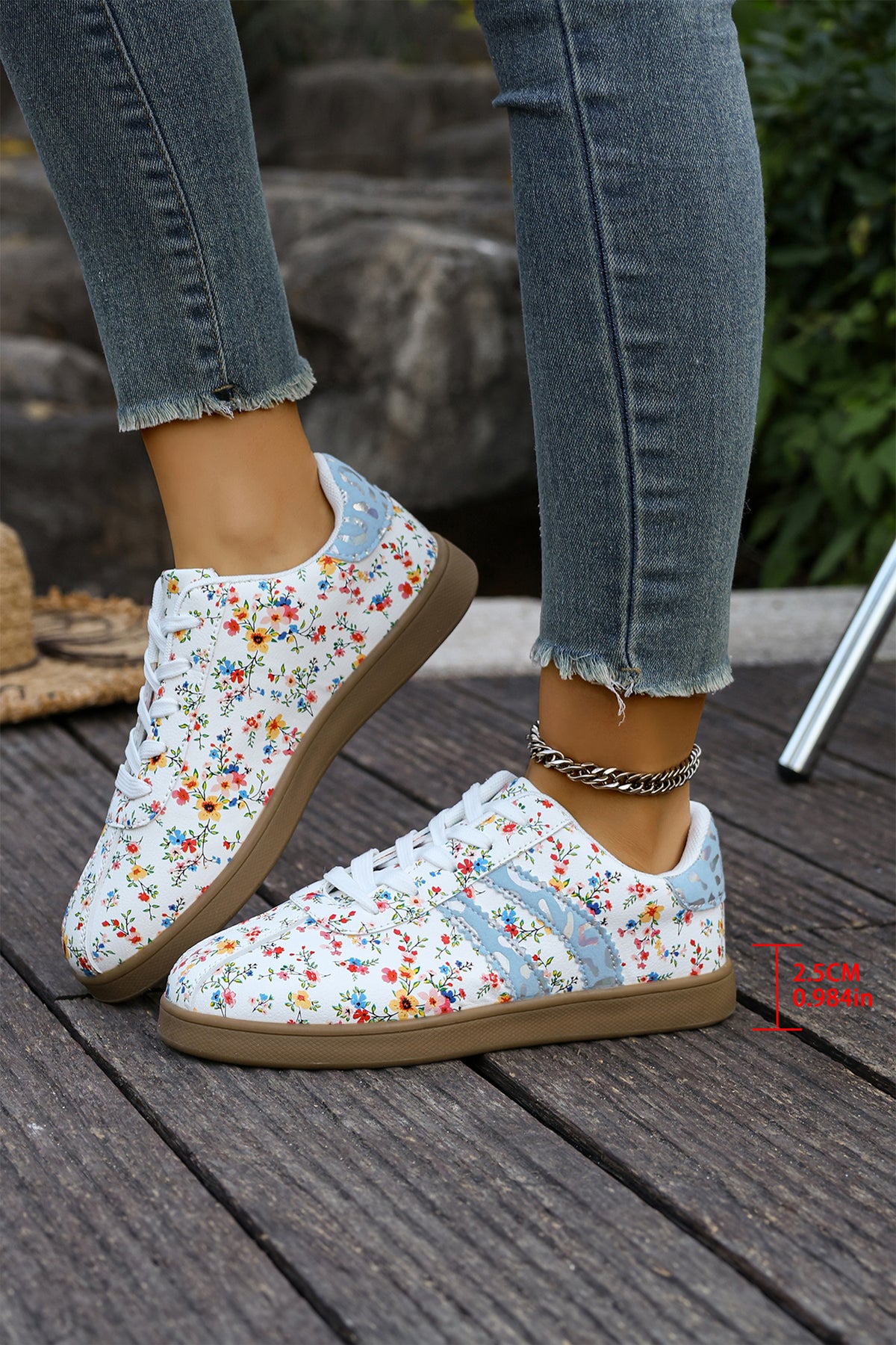 Dark Green Fresh Floral Print Color Block Lace-Up Shoes
