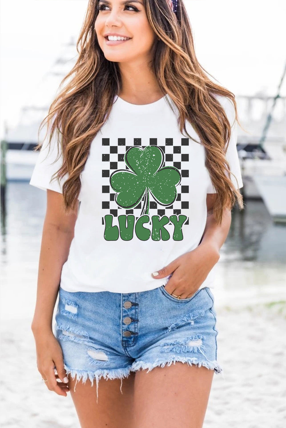 White Checker LUCKY Clover Printed St Patricks T-Shirt