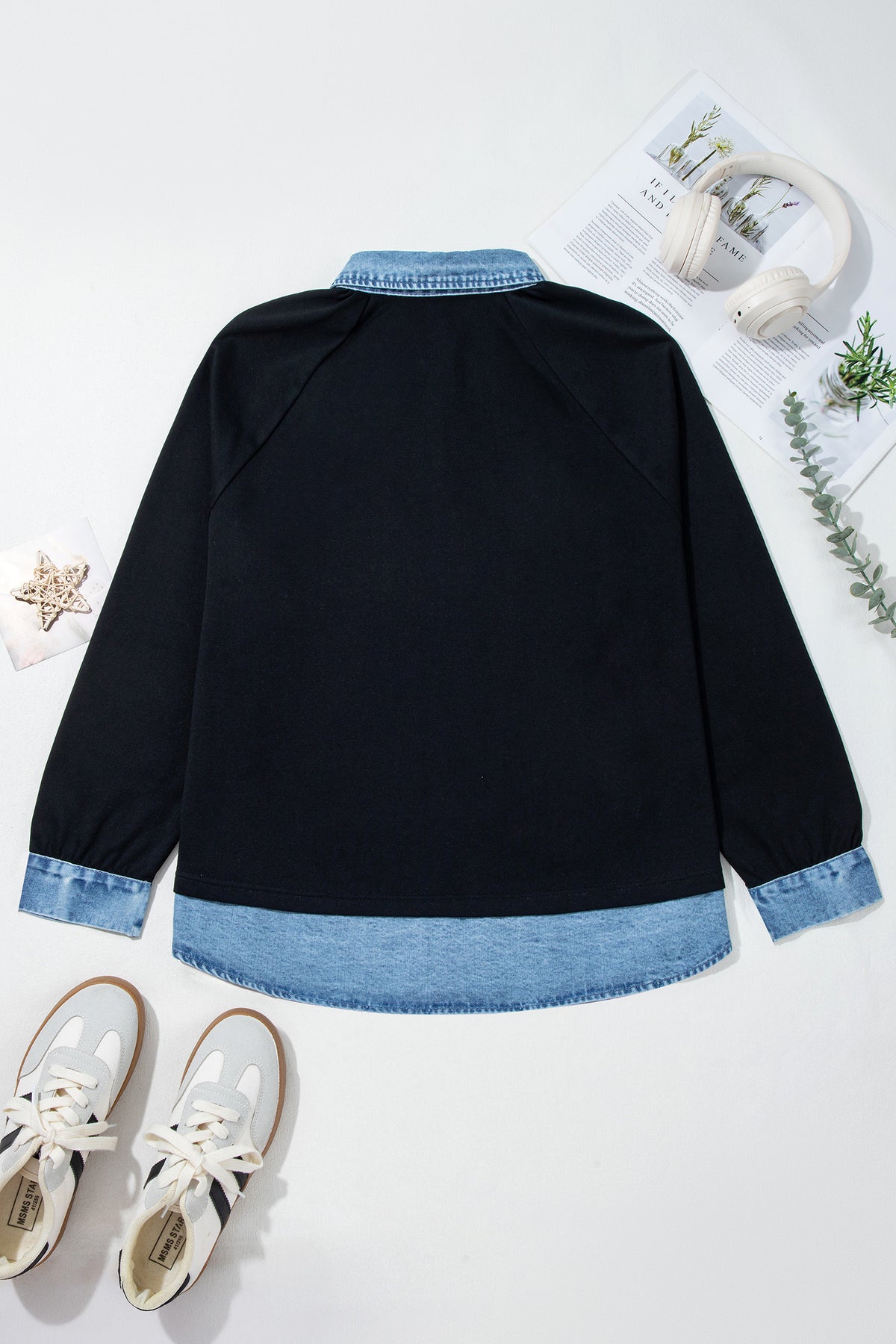 Black Solid Color-Block Long-Sleeve V-Neck Plus Size Blouse