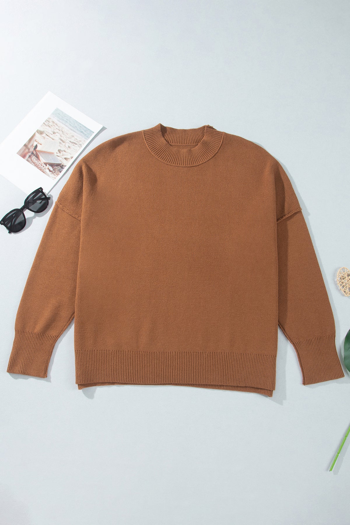 Chestnut Oversized Ribbed Knit Long-Sleeve Tunic Plus Size Sweater