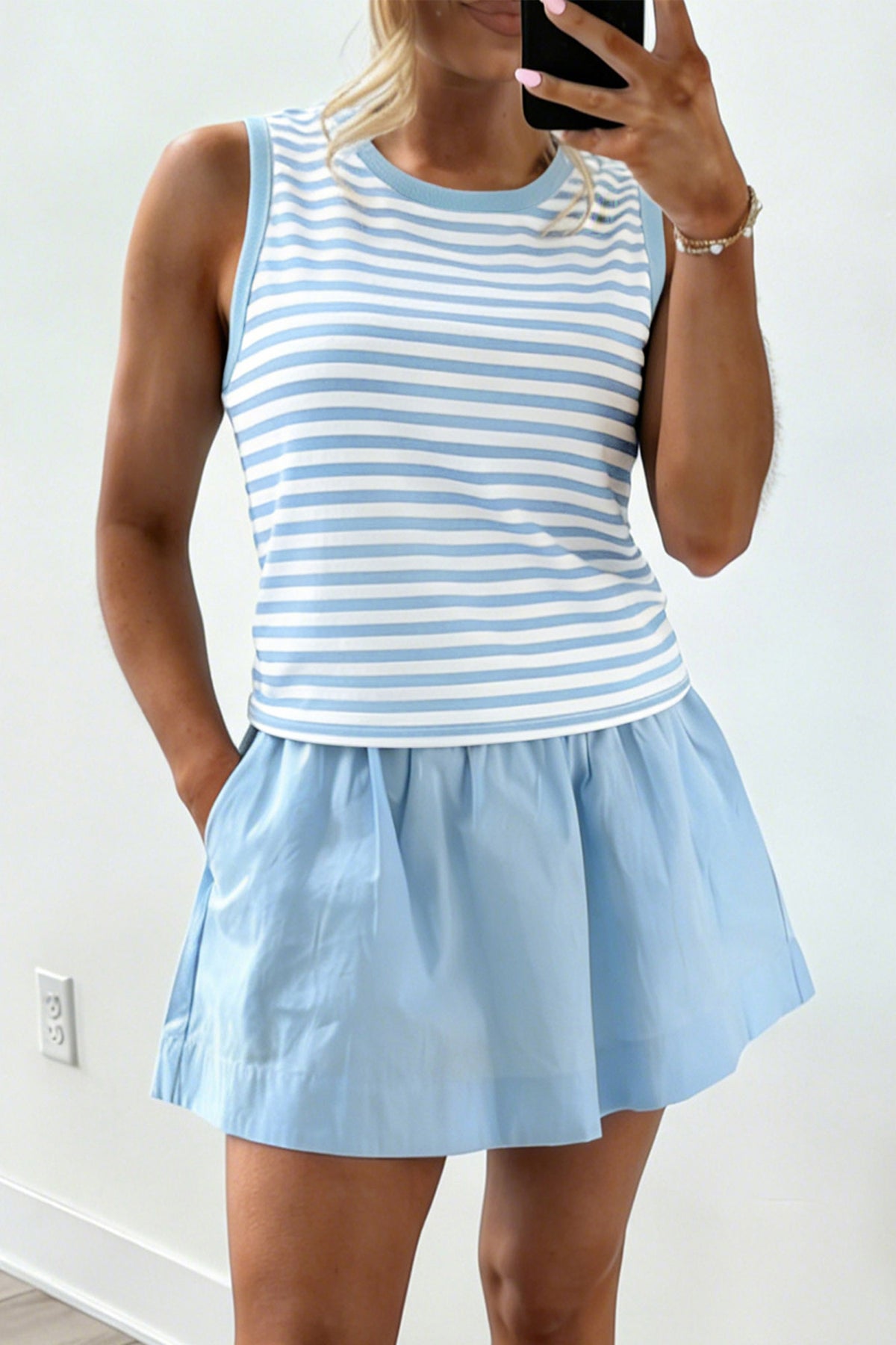 Women's Sky Blue Stripe Slim Tank Contrast Ruffle Mini Skort Set