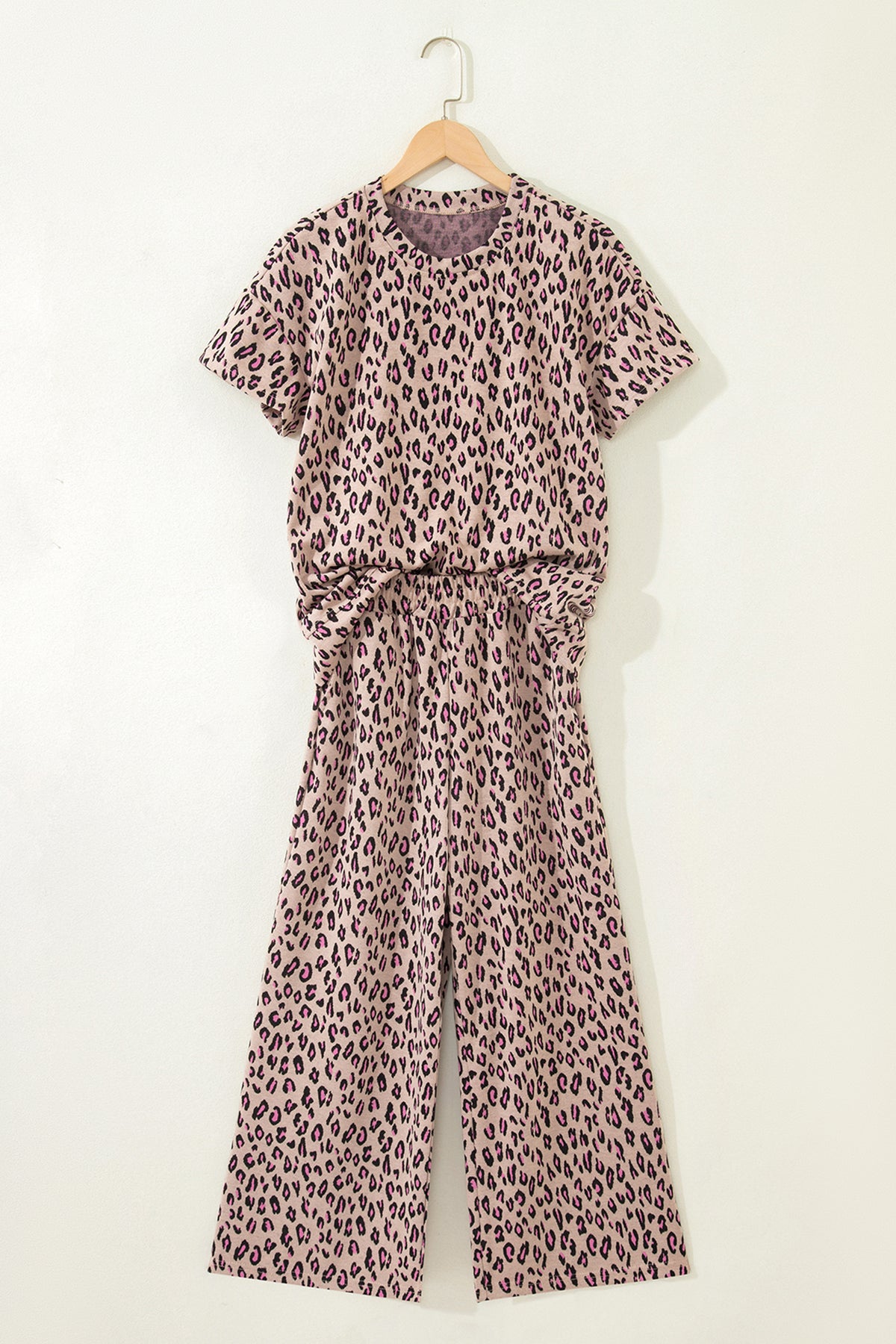 Pink Leopard Print Casual Tee and Pants 2pcs Outfit