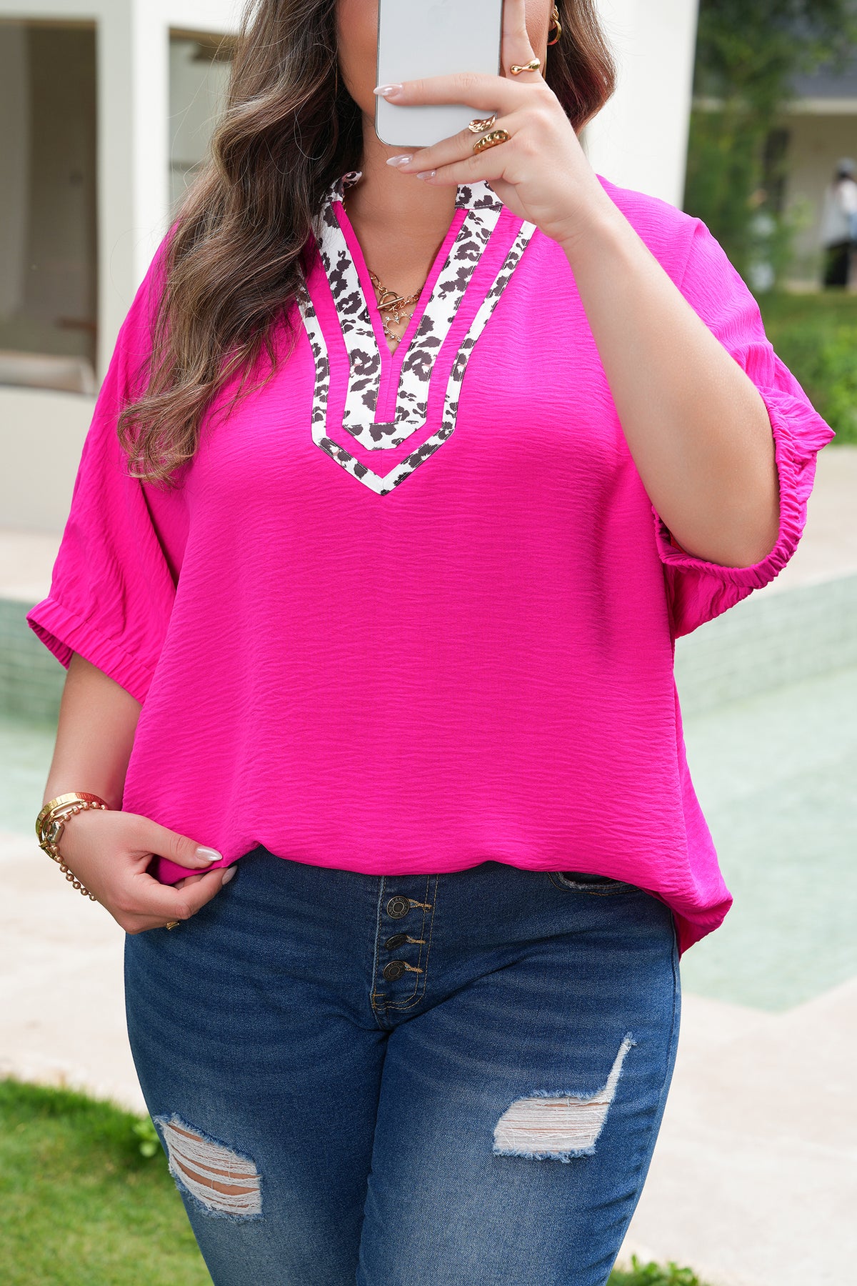 Rose Red Leopard Accent Notched Neck Plus Size Short-Sleeve Top