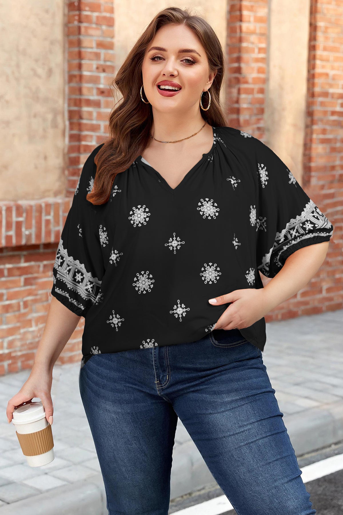 Black Boho Chic Notched V-Neck Plus Floral Short-Sleeve Top