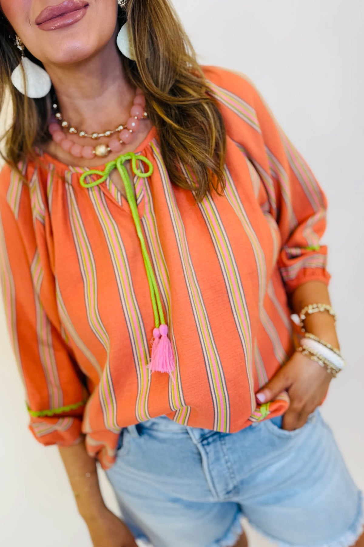 Orange Stripe Tassel Tie Neck Cotton Blouse