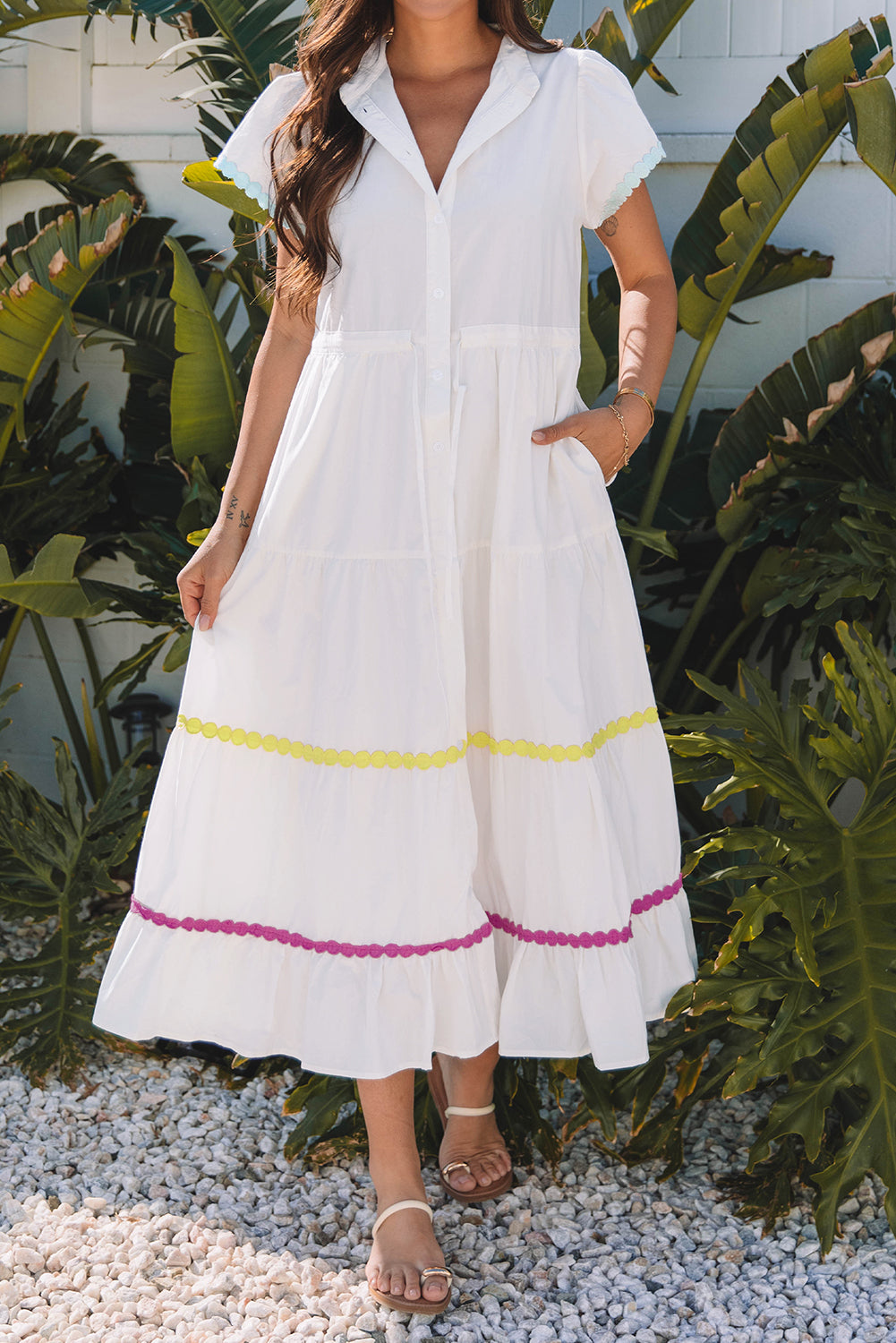White Colorblock Rickrack Short Sleeve Drawstring Waist Long Dress