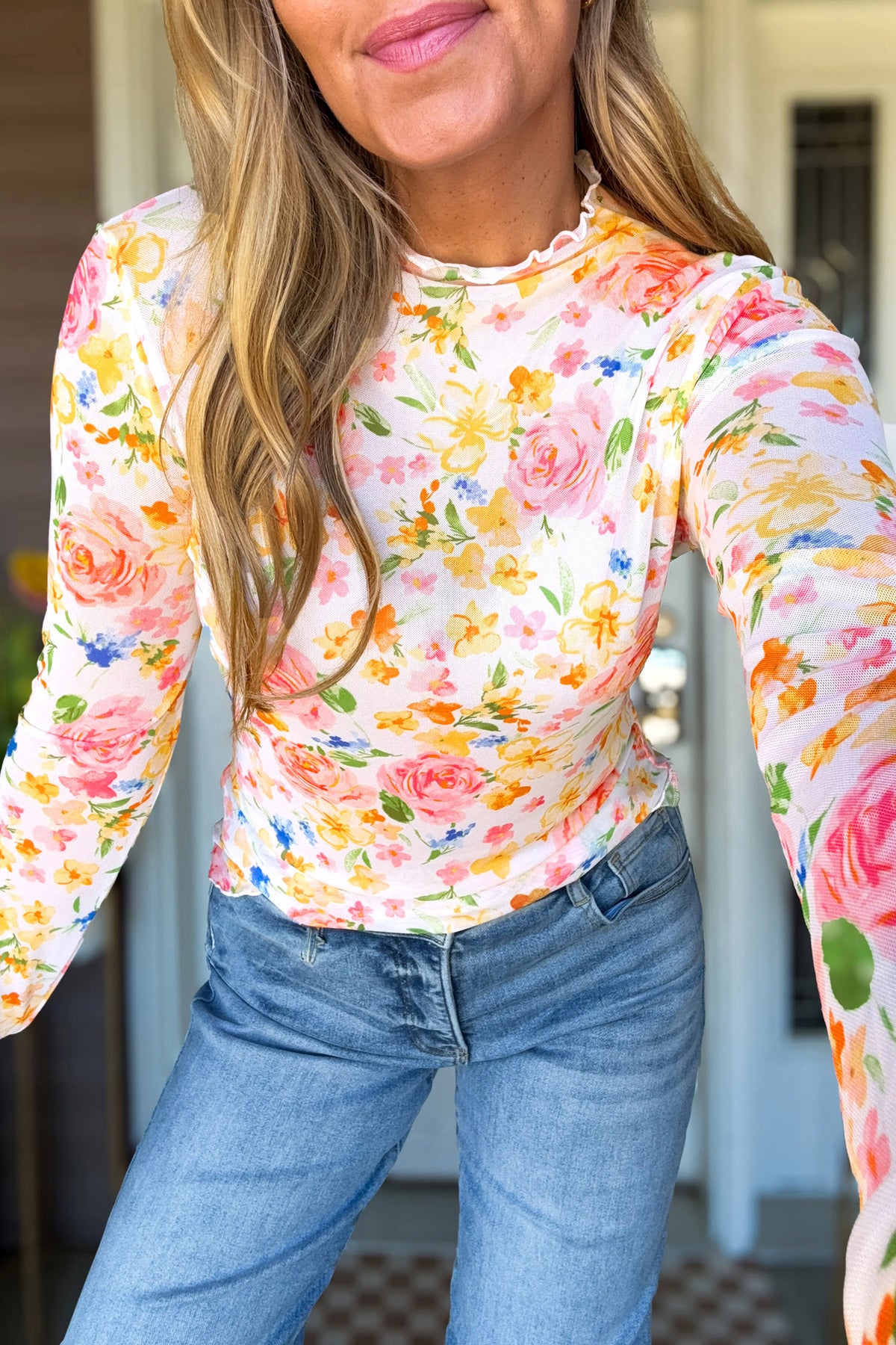 White Lettuce Trim Floral Print Sheer Mesh Top