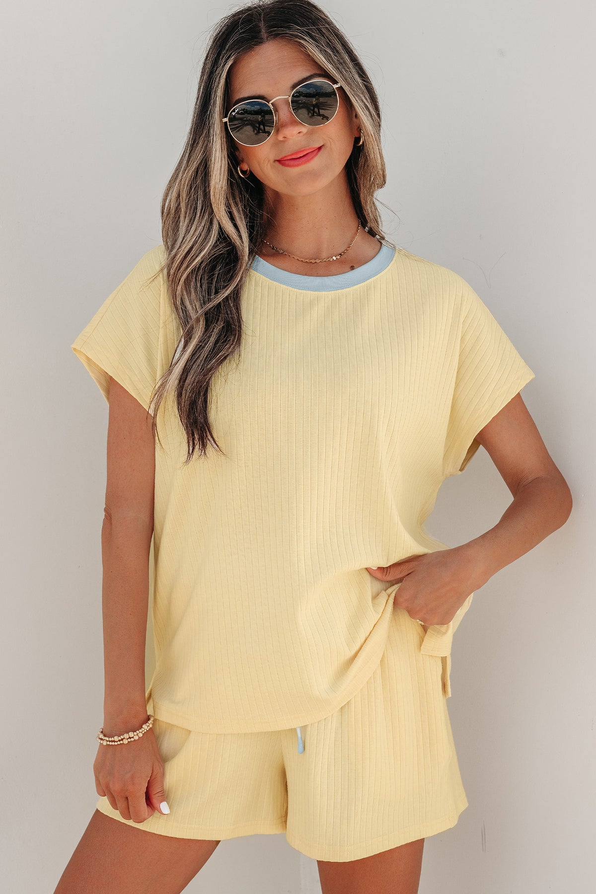 Women's Mist Blue Soft Ribbed Color Block Trim Casual Shorts Set