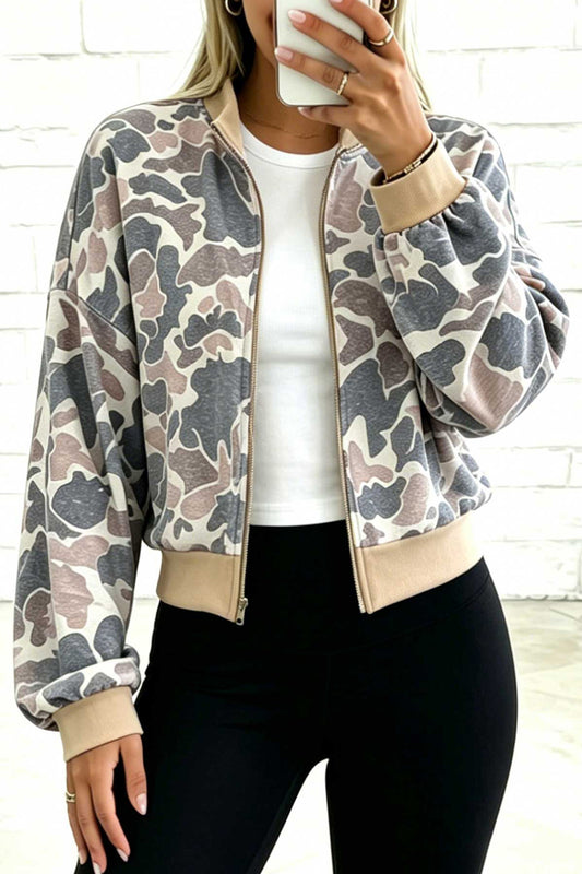 Multicolour Camouflage Print Zip Bomber Sweatshirt