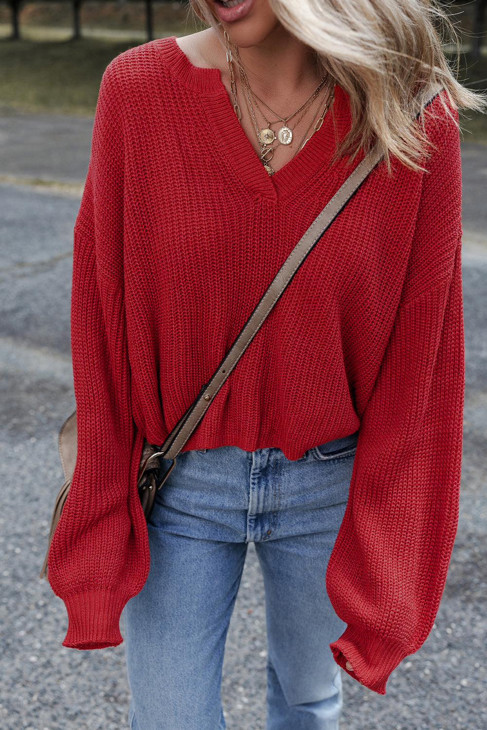 Racing Red Solid Textured Knit V Neck Drop Shoulder Sweater