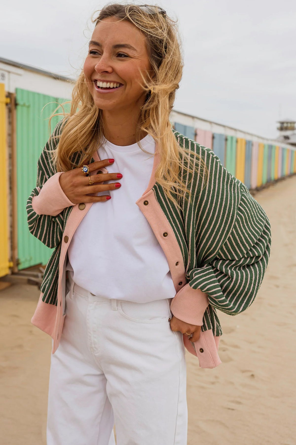 Green Stripe Striped V Neck Patchwork Long Sleeve Cardigan