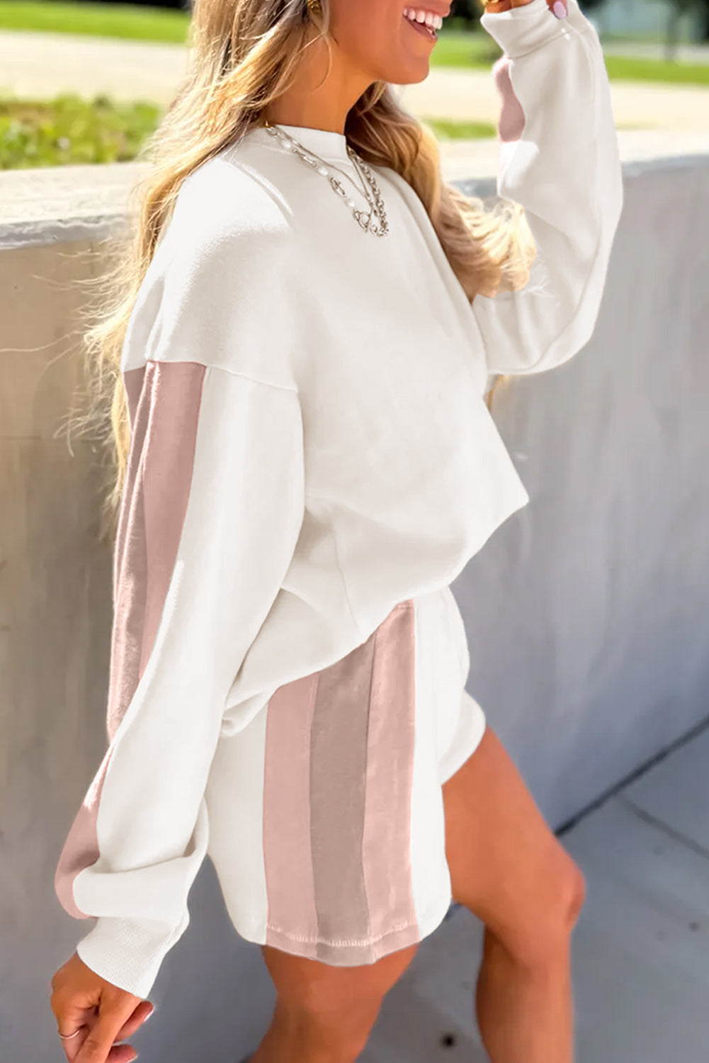 Women's White Color Block Patchwork Drop Shoulder Pullover Shorts Two-Piece Outfit Set