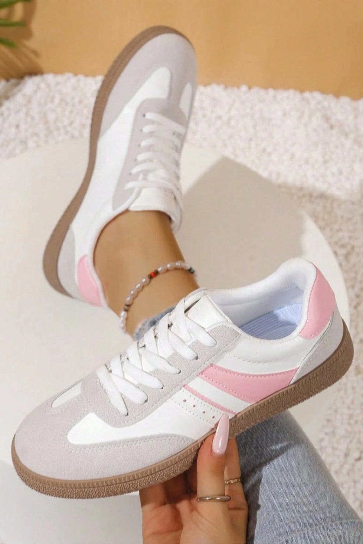 Pink Fashionable Patchwork Lace-Up Low-Top Casual Flat Sneakers