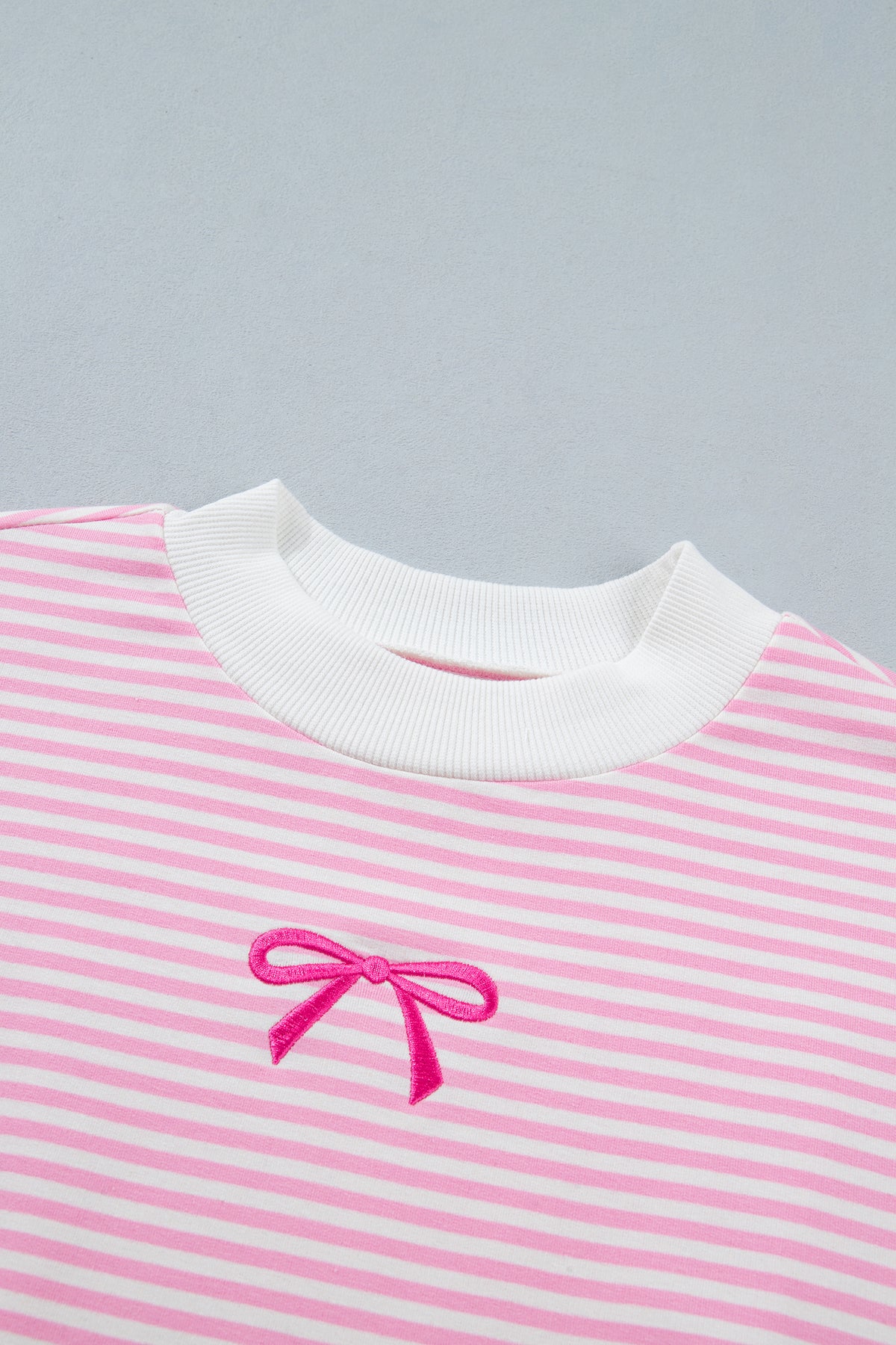 Pink Stripe Embroidered Bow High Neck Sweatshirt