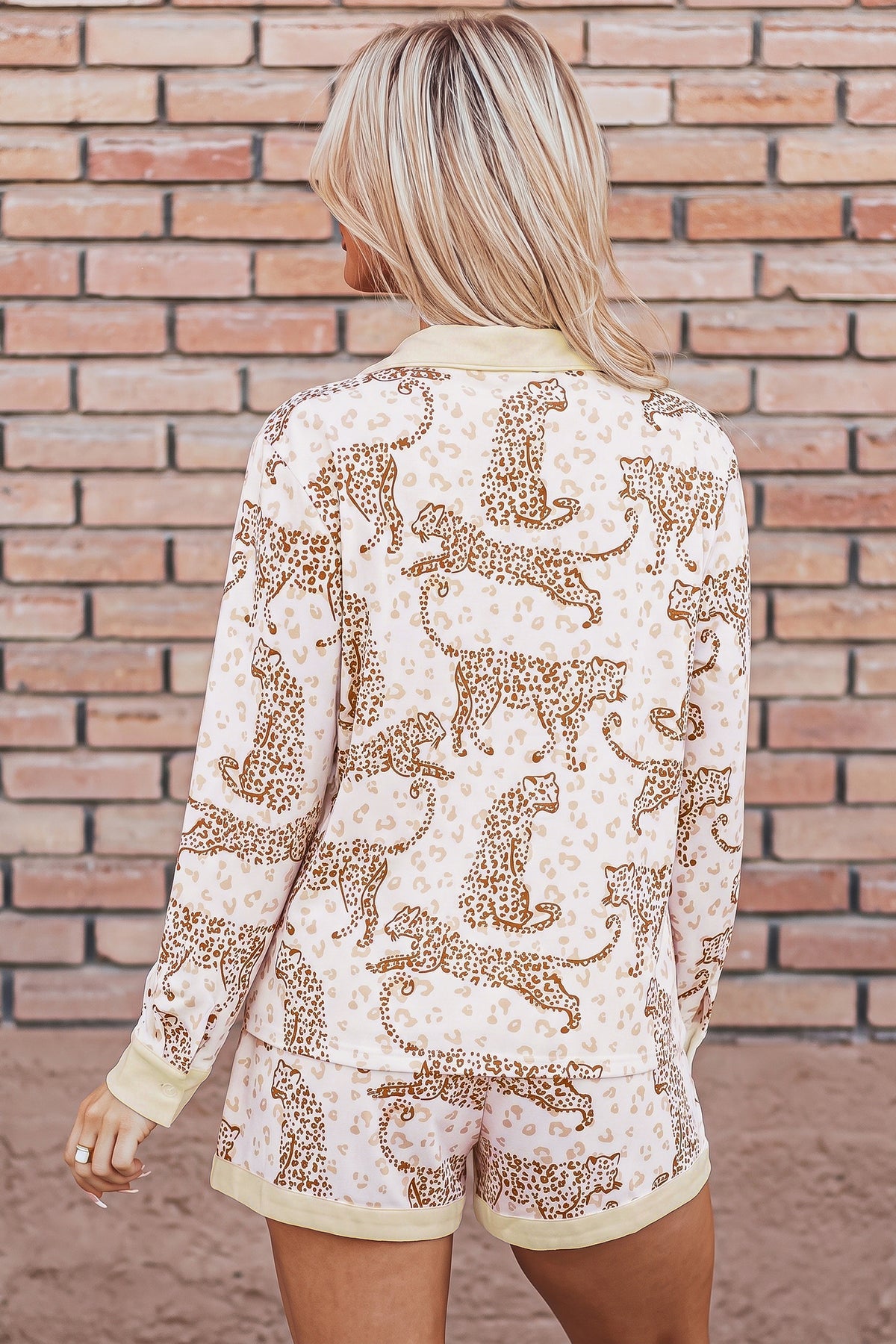 Yellow Leopard Print Colorblock Long Sleeve Lounge Set
