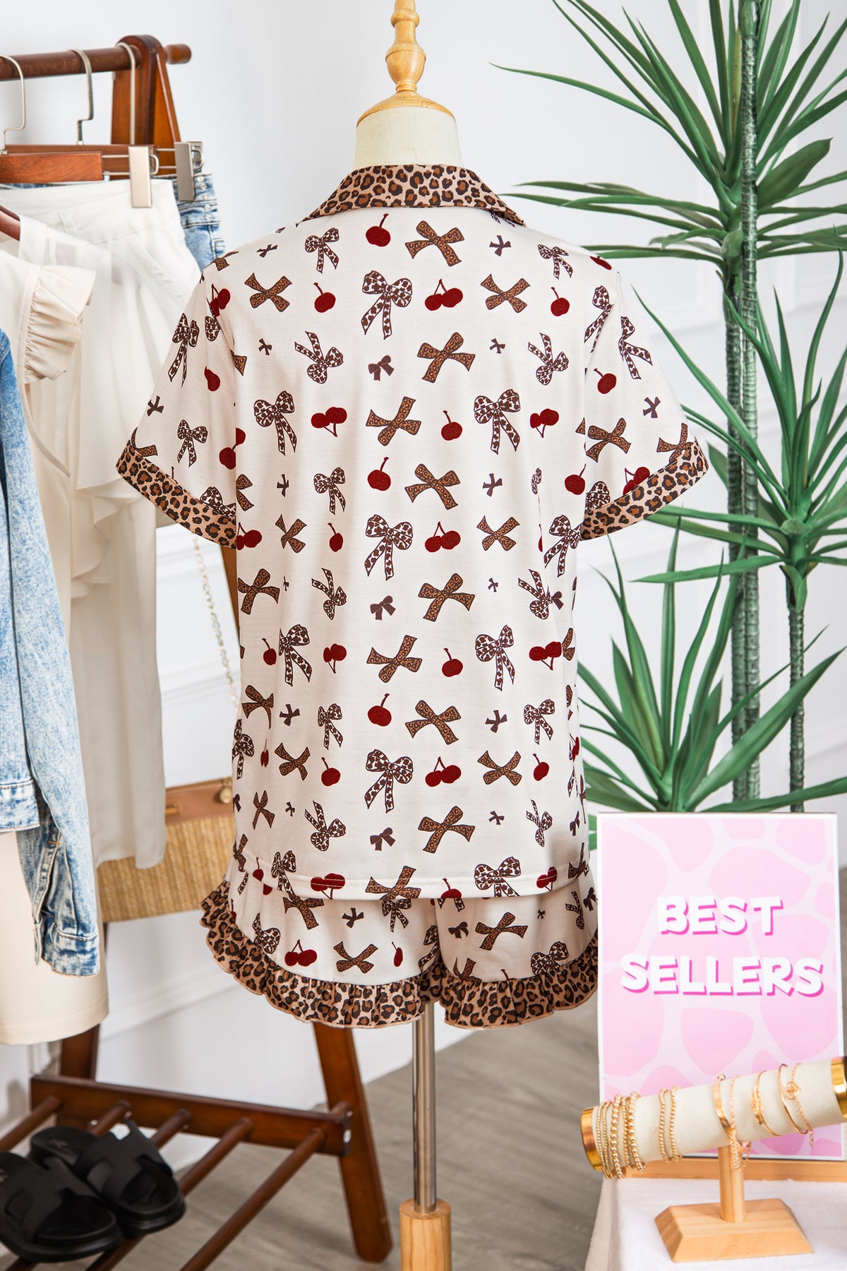 White Bow Cherry Leopard Patchwork Shirt and Shorts Pajama Set