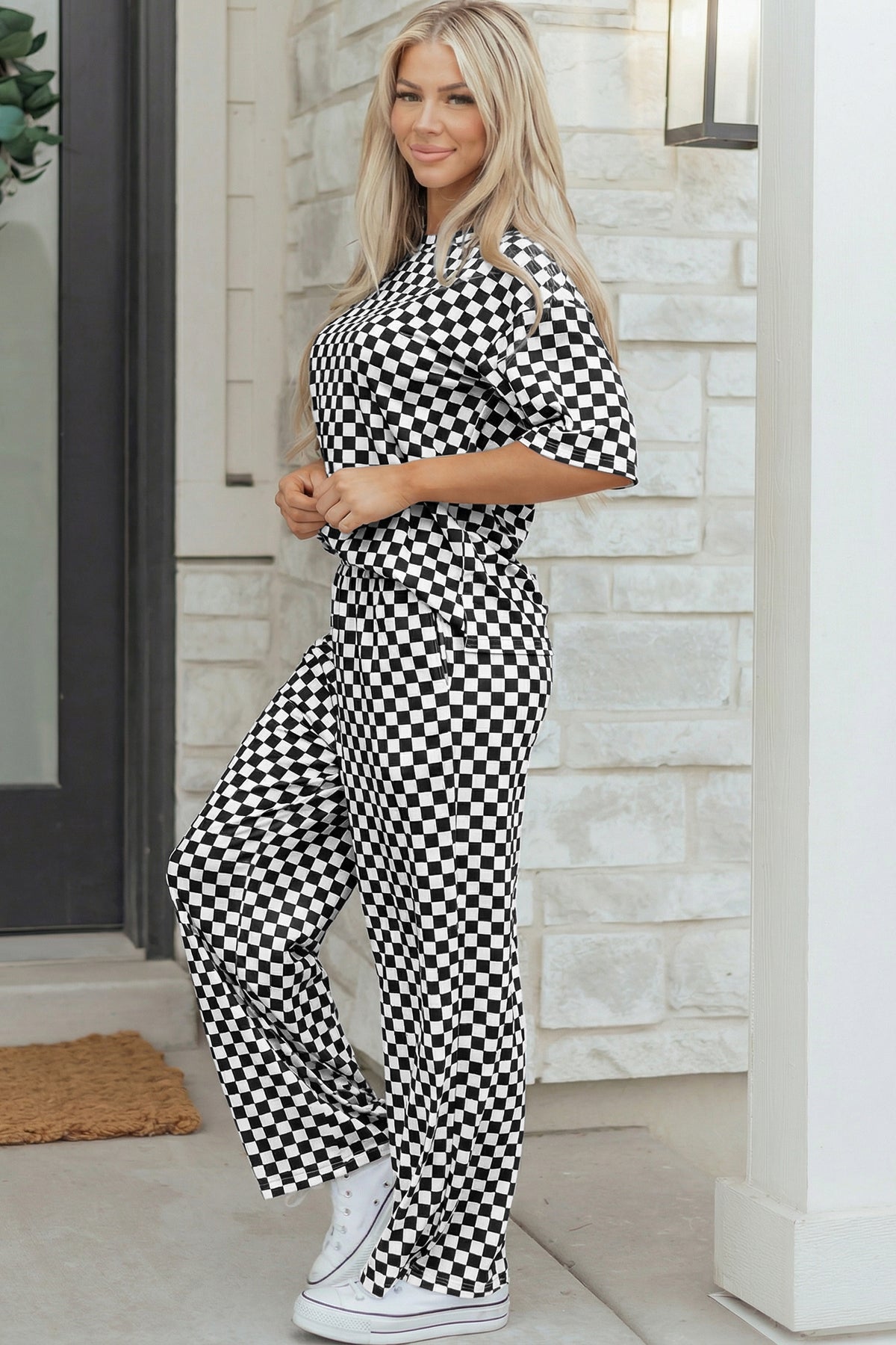 Rose Checkered Print Half Sleeve Tee Lounge Pant Set