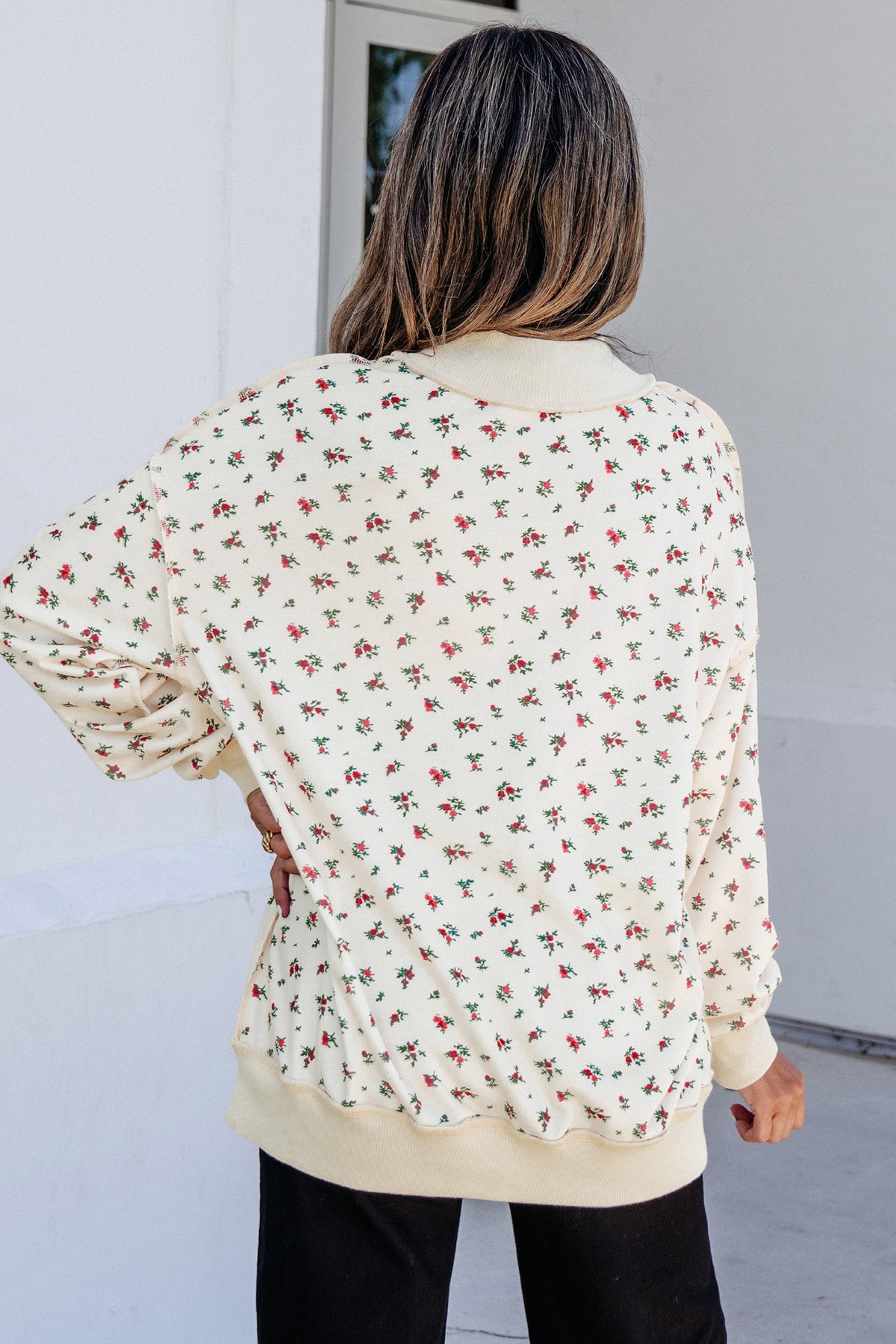 Beige Ribbed High Neck Patchwork Floral Print Baggy Sweatshirt