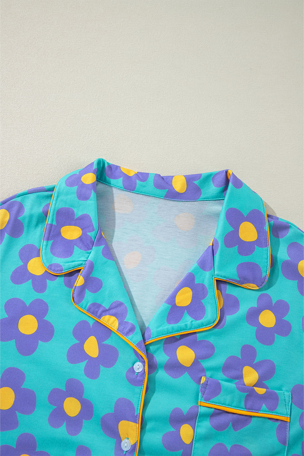 Green Flower Print Long Sleeve Shirt Shorts Pajama Set