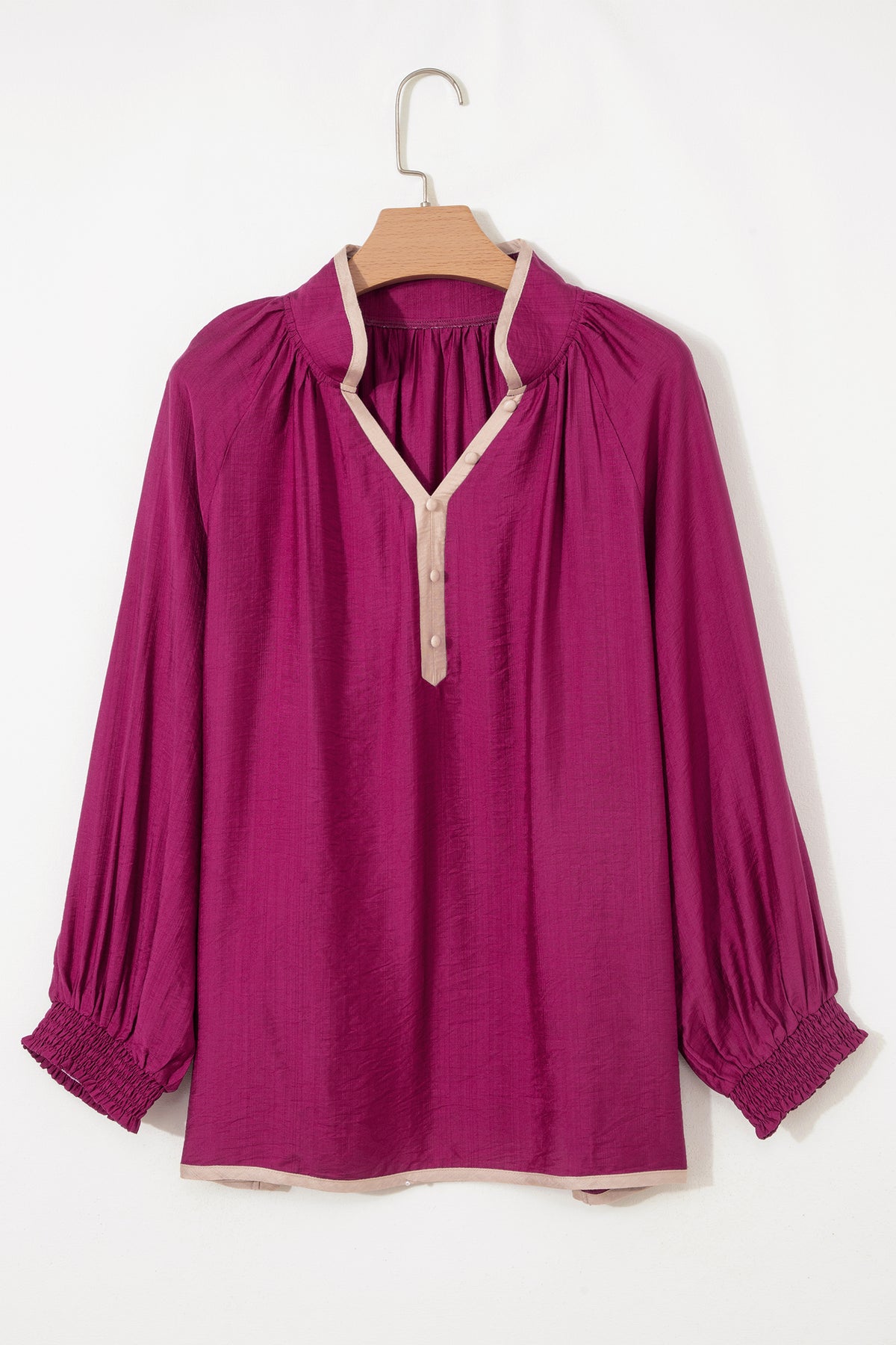 Wild Ginger Plus Size Contrast Trim Button V-Neck Puffy Bracelet Sleeve Blouse