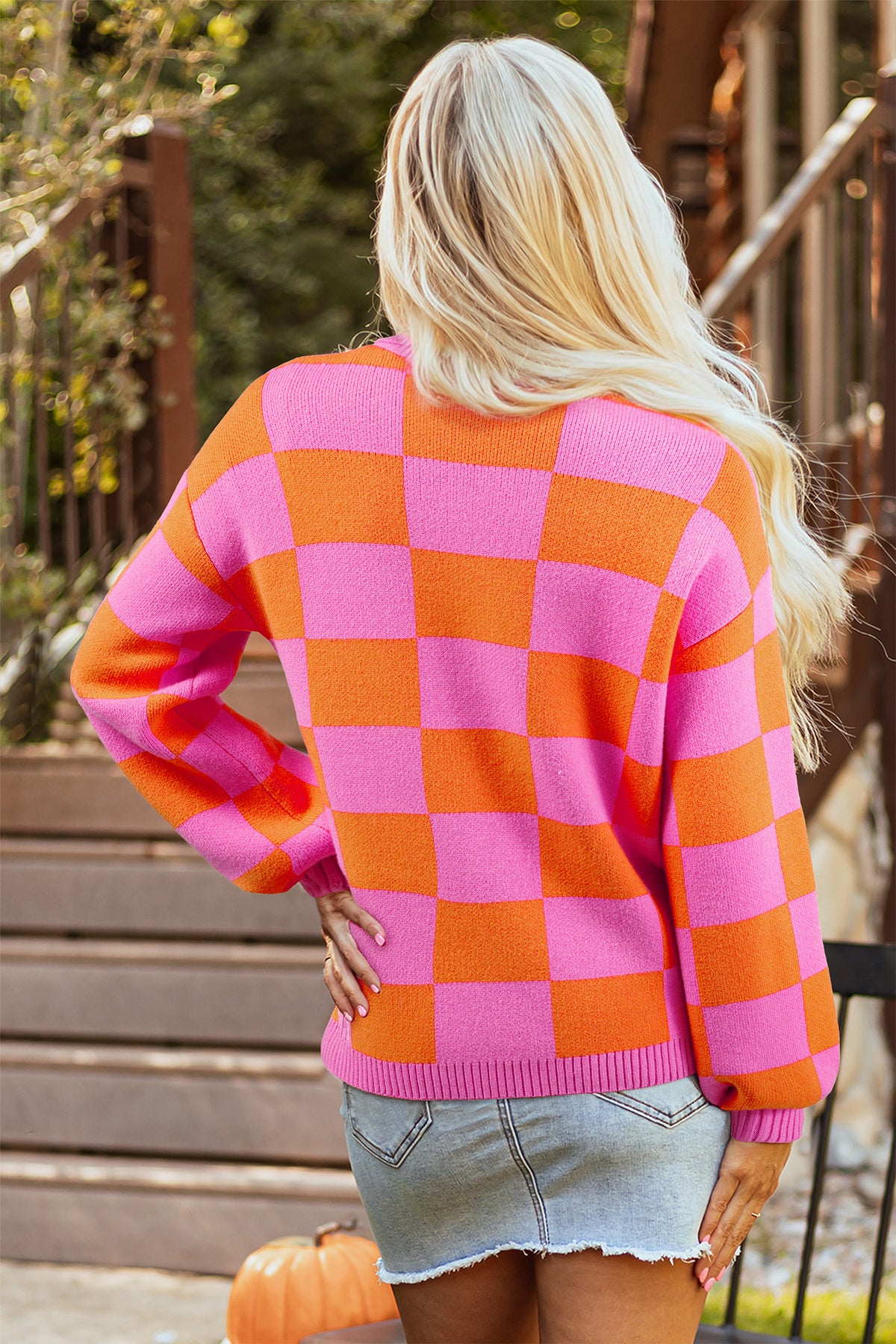 Sachet Pink Checkered Knit Polo Collar Baggy Sweater