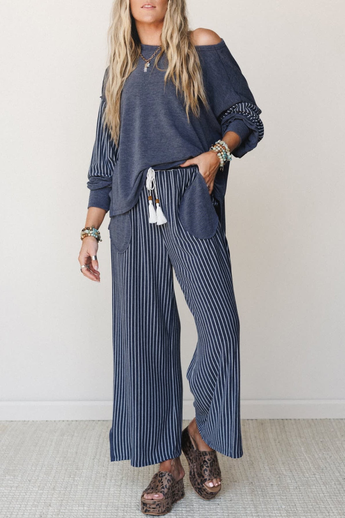 Women's Fushia Raw Seam Patchwork Long-Sleeve Top Pocket Casual Pants Two-Piece Set