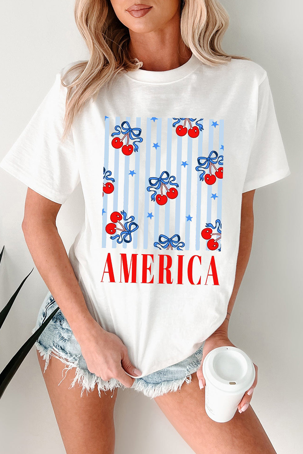 White Bow Cherry AMERICA Graphic Crewneck Patriotic T-Shirt