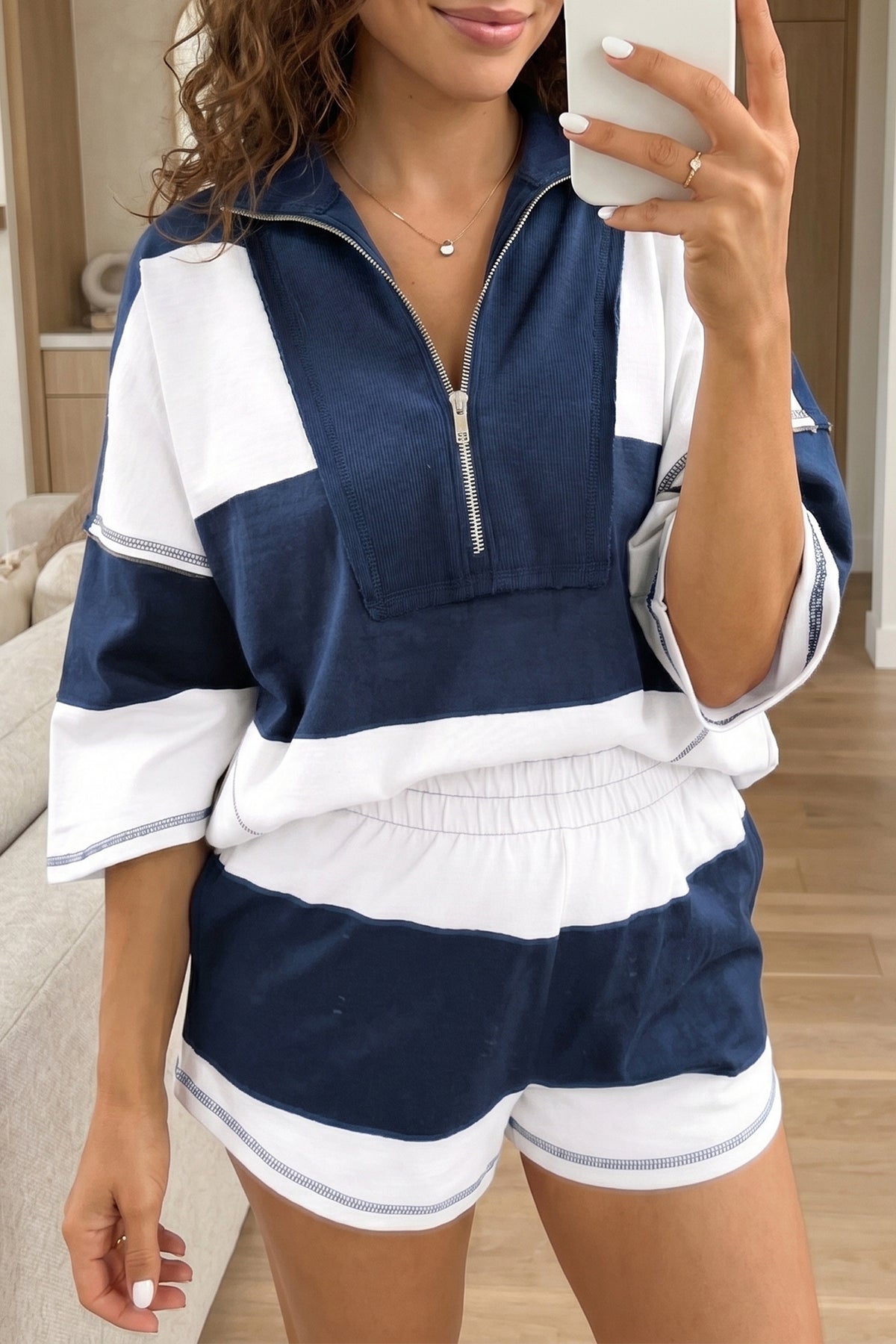 Women's Prussian Blue Exposed Seam Detail Half Sleeve Top Elastic Waist Shorts Two-Piece Set