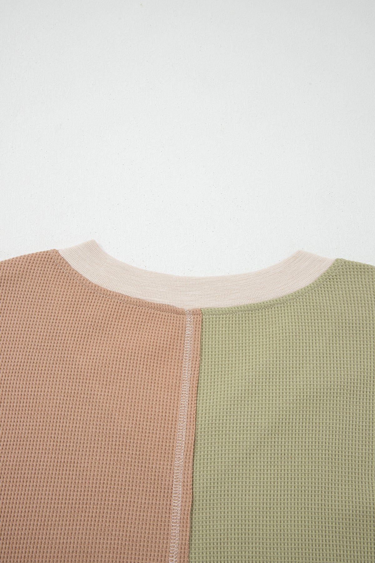 Green Plus Mixed Texture Color-Block Patchwork V-Neck Long-Sleeve Top