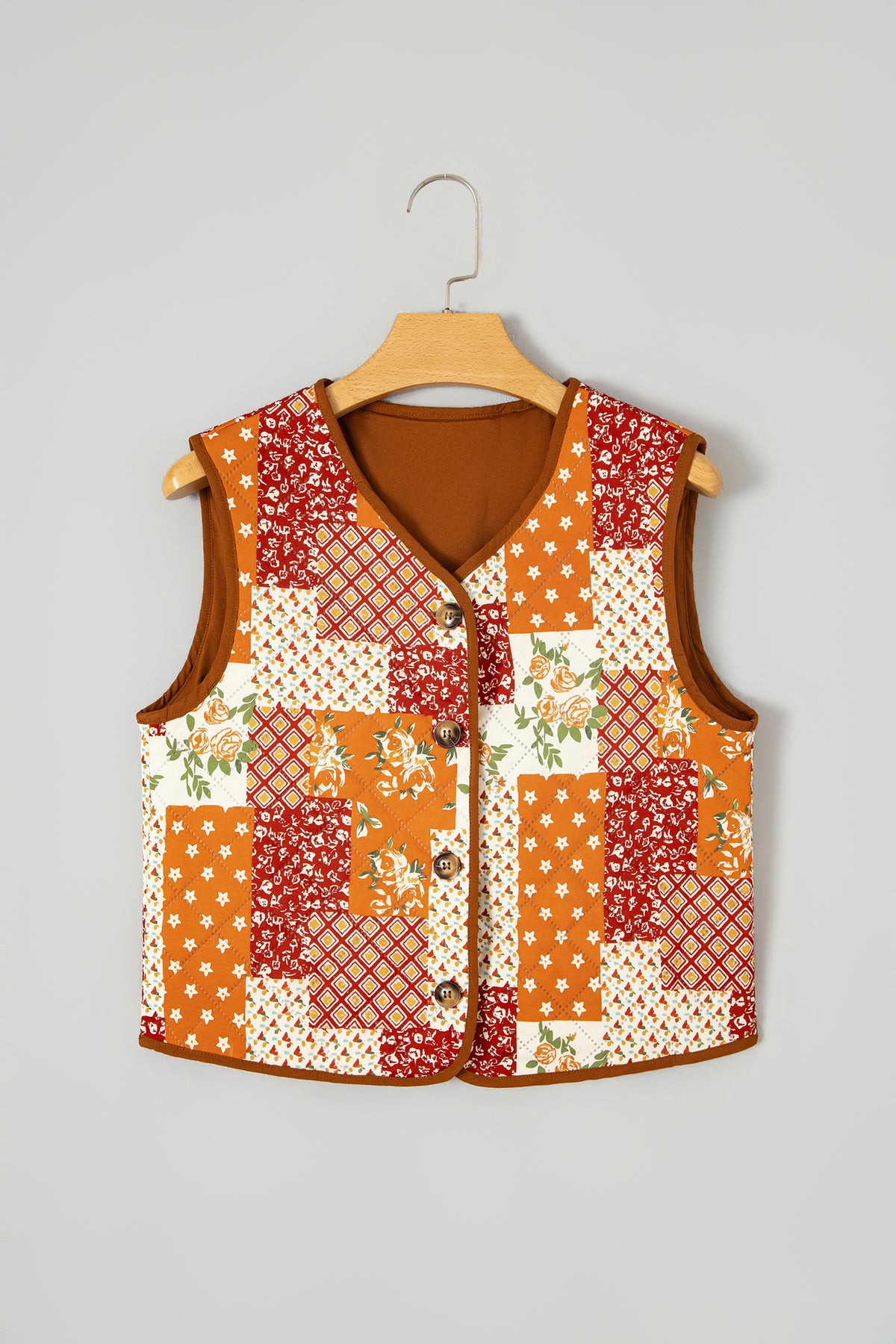 Golden Fleece Quilted Floral Patchwork V Neck Button Vest