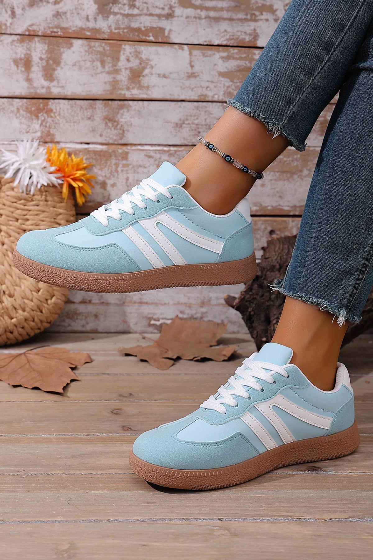 Dusk Blue Faux Suede PU Leather Color Block Patchwork Lace-up Sneakers