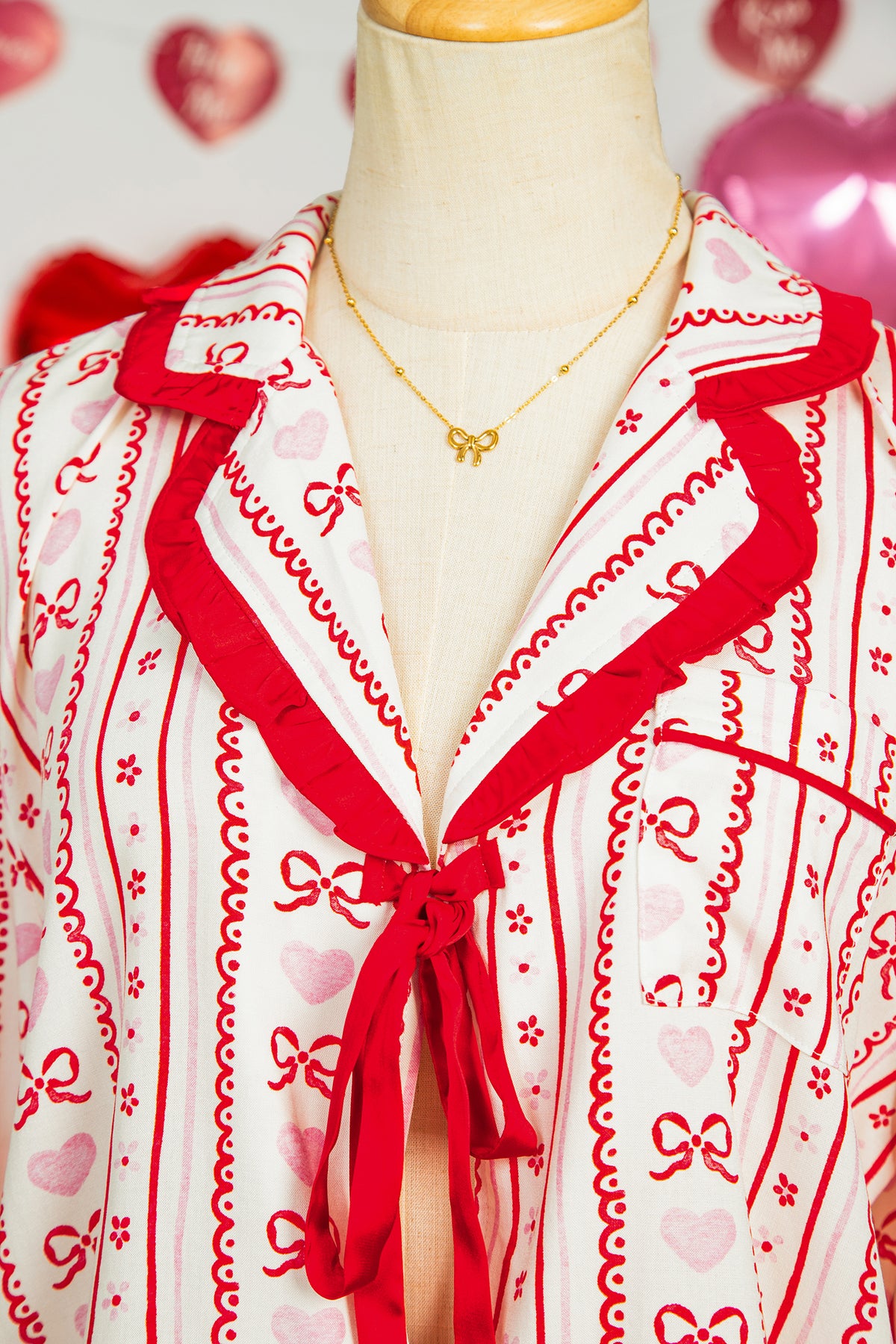 Red Floral Heart Bow Print Long Sleeve Shirt Pajama Short Set