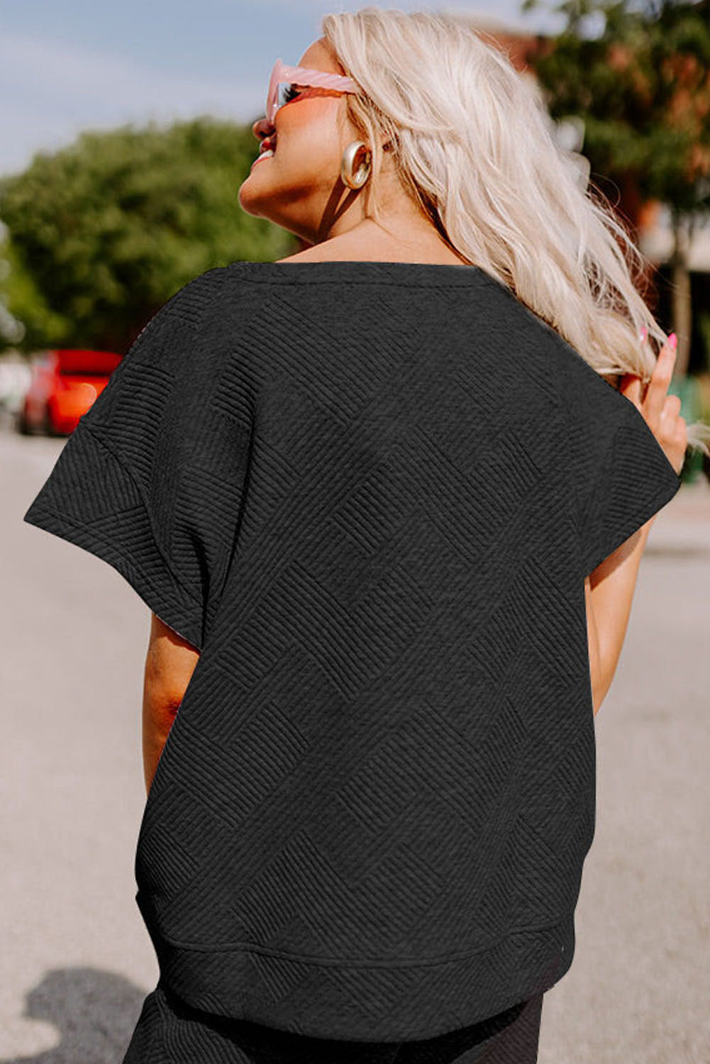 Red Dahlia Textured Loose Fit T Shirt and Drawstring Pants Set
