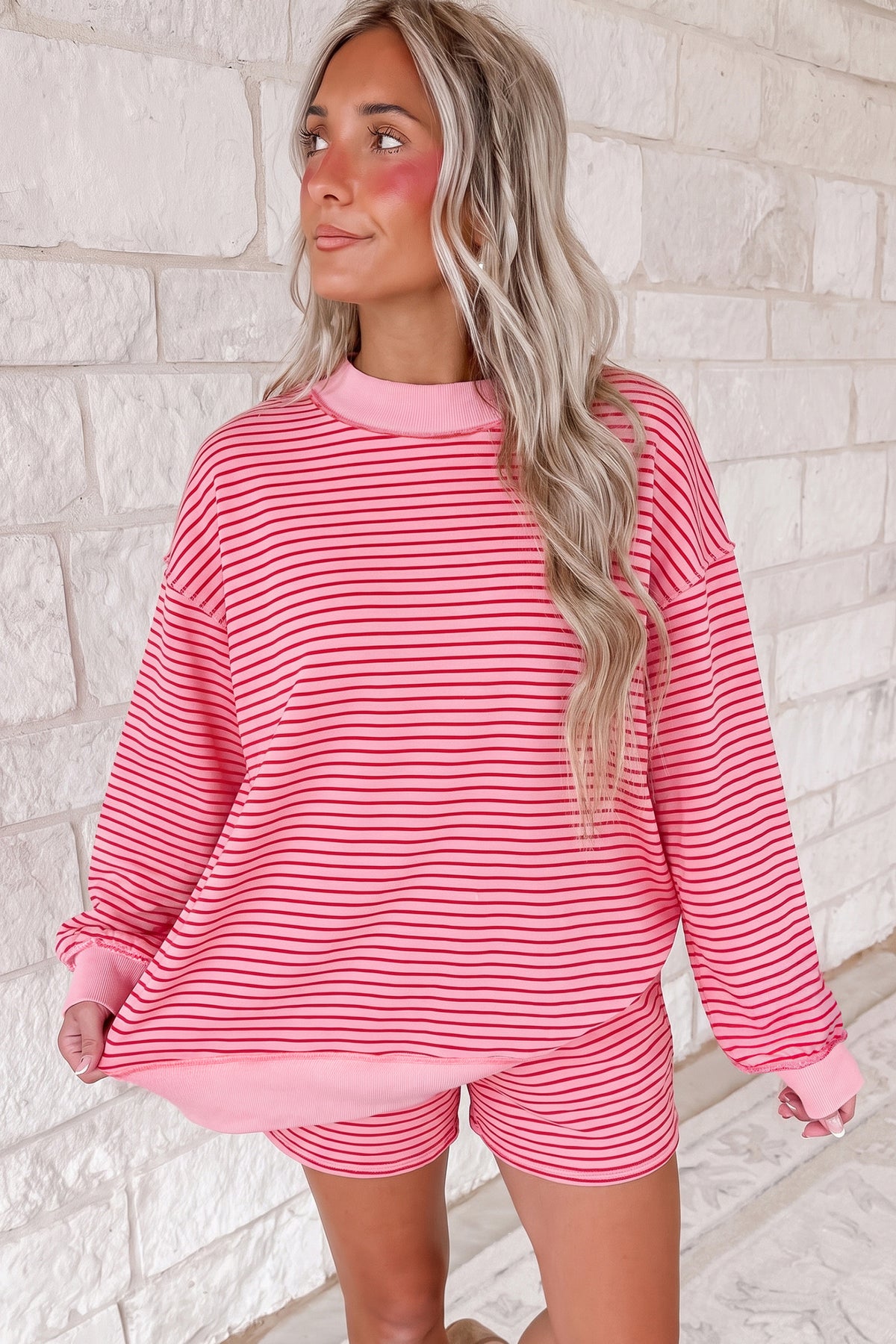 Women's Pink Stripe Ribbed Patchwork Mock Neck Baggy Pullover Matching Shorts Set