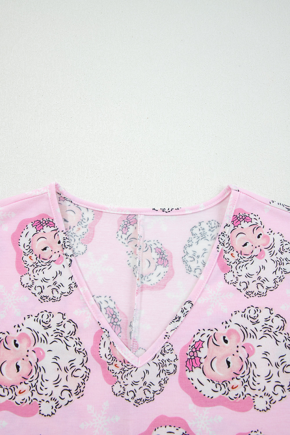 Pink Santa Claus Print V Neck Tee Drawstring Pants Lounge Set