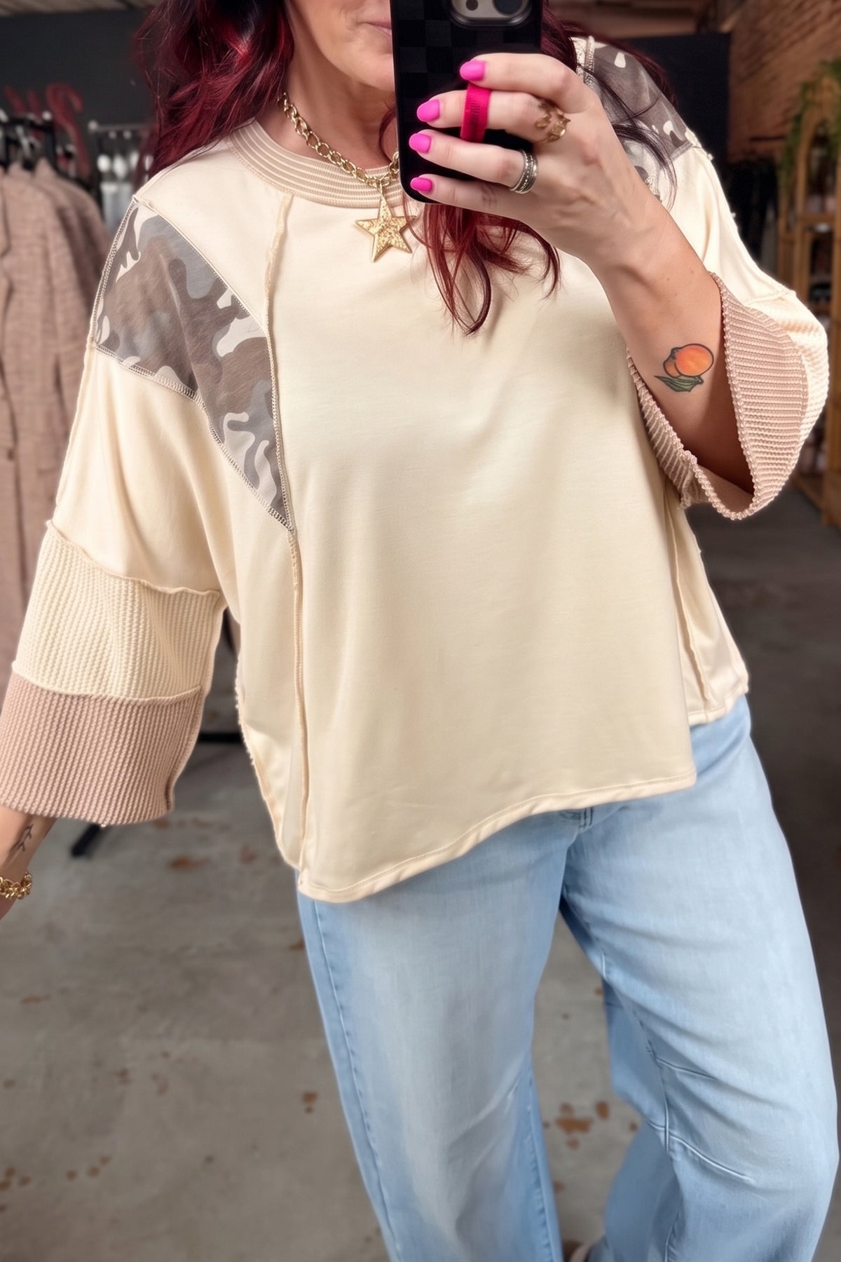 Beige Camouflage Colorblock Twist Rib 3/4 Sleeve Top