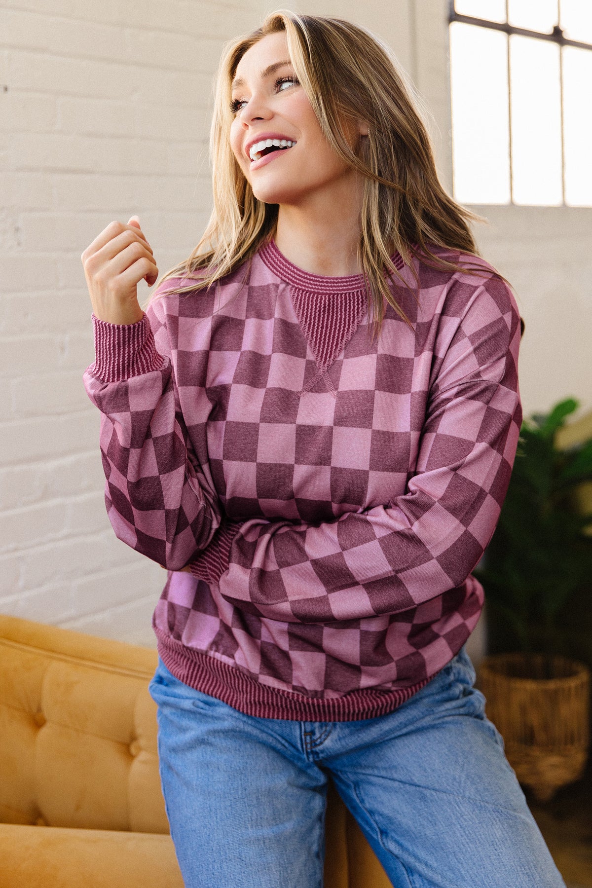Red Ribbed Trim Checkered Print Pullover Top