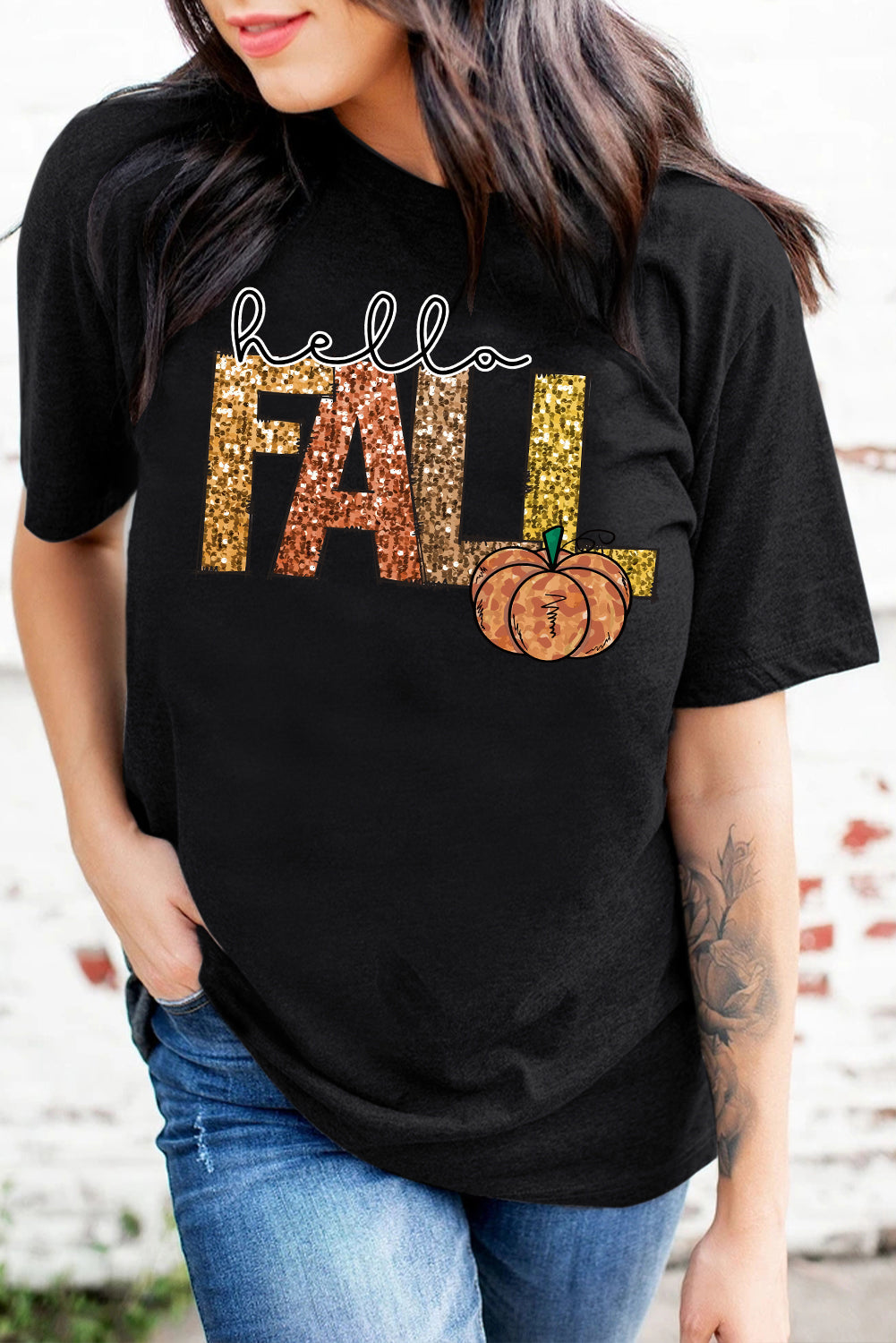 Black Hello Fall Letter Pumpkin Printed Thanksgiving T-Shirt