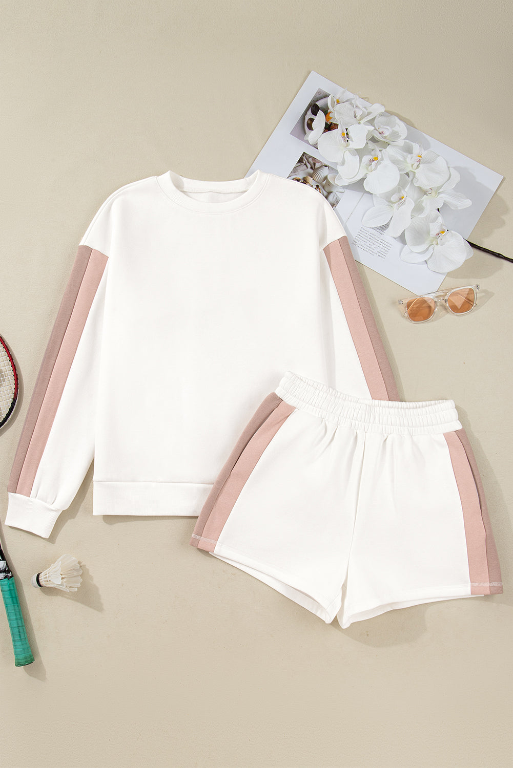 Women's White Color Block Patchwork Drop Shoulder Pullover Shorts Two-Piece Outfit Set